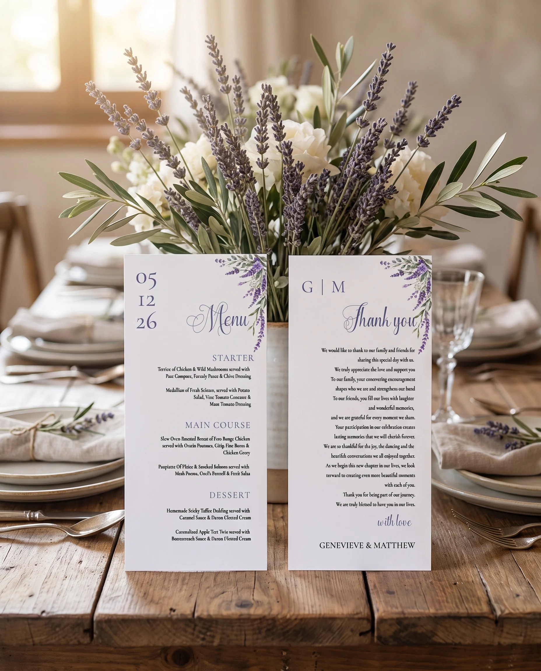 Provence Fields wedding menu — menu shown standing upright on a reception table under soft natural light, wedding menu template.