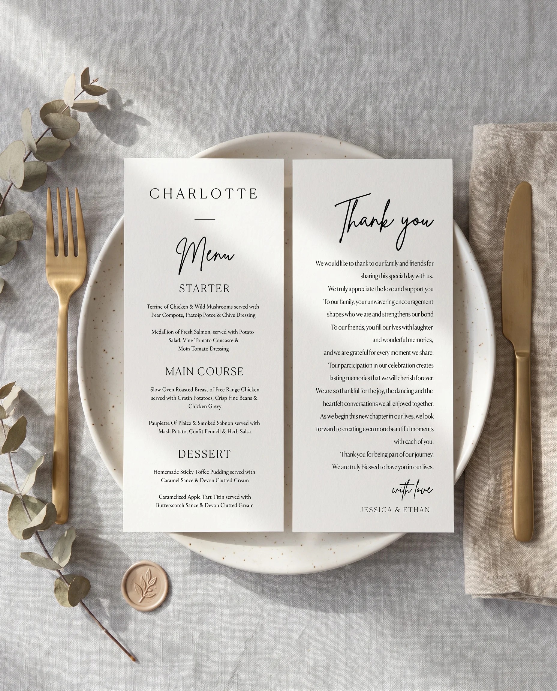 Contour wedding menu — menu and thank you card displayed on a plate at a set place setting under soft light, wedding menu cards