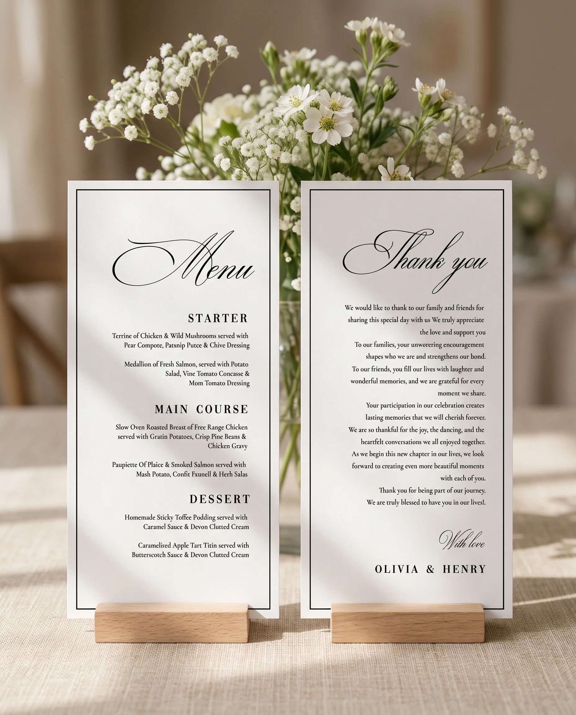 Crestline wedding menu — two-page menu standing upright on a reception table under soft natural light, wedding menu template.