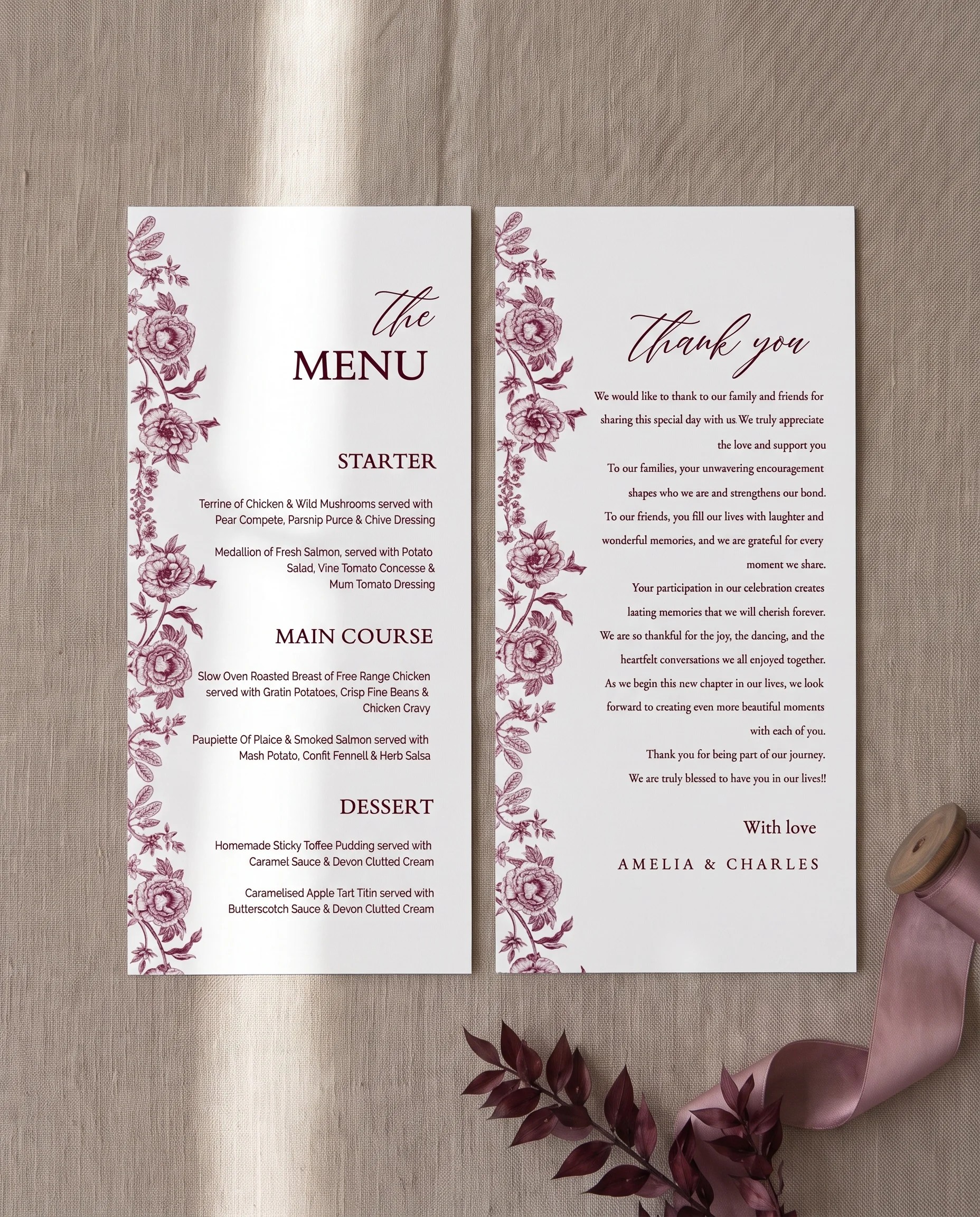 Chantilly wedding menu — menu and thank you card shown flat under soft natural light with a slight overhead angle, wedding menu