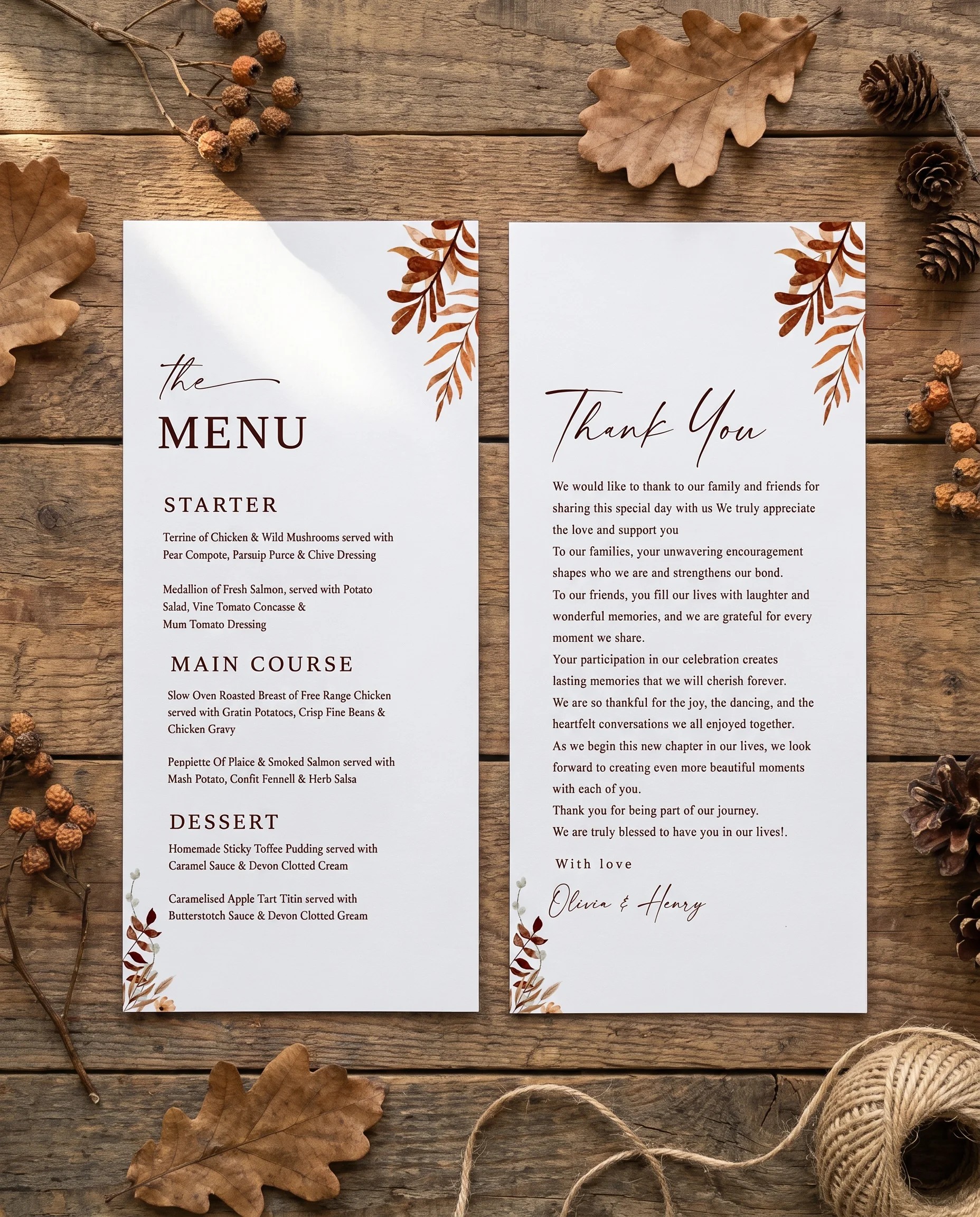 Autumn Bower wedding menu — two menu pages shown flat on premium editorial paper under soft natural light, wedding menu