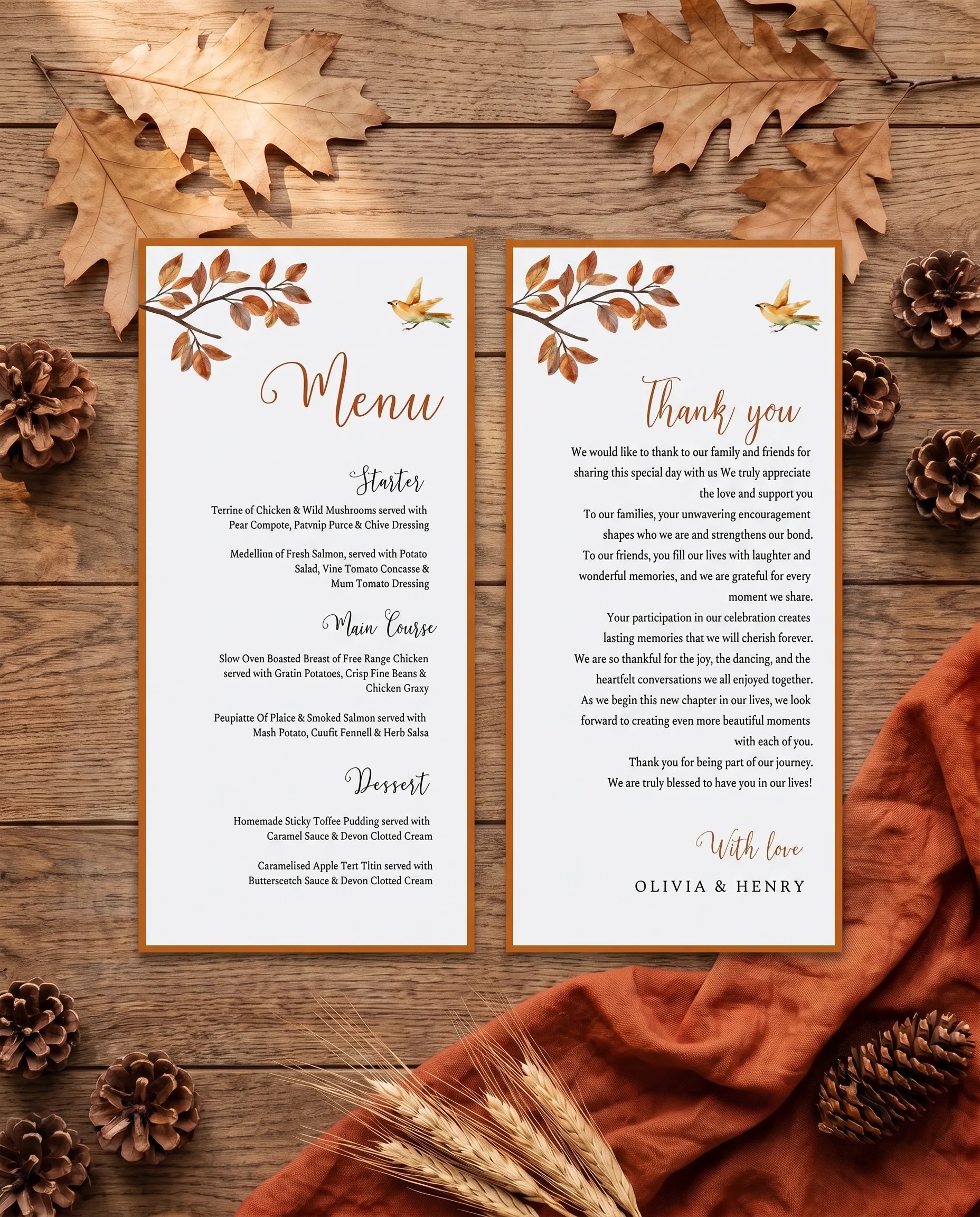 Autumn Vale wedding menu — two menu pages arranged flat on premium editorial paper under soft natural light, slight overhead angle, wedding menu.