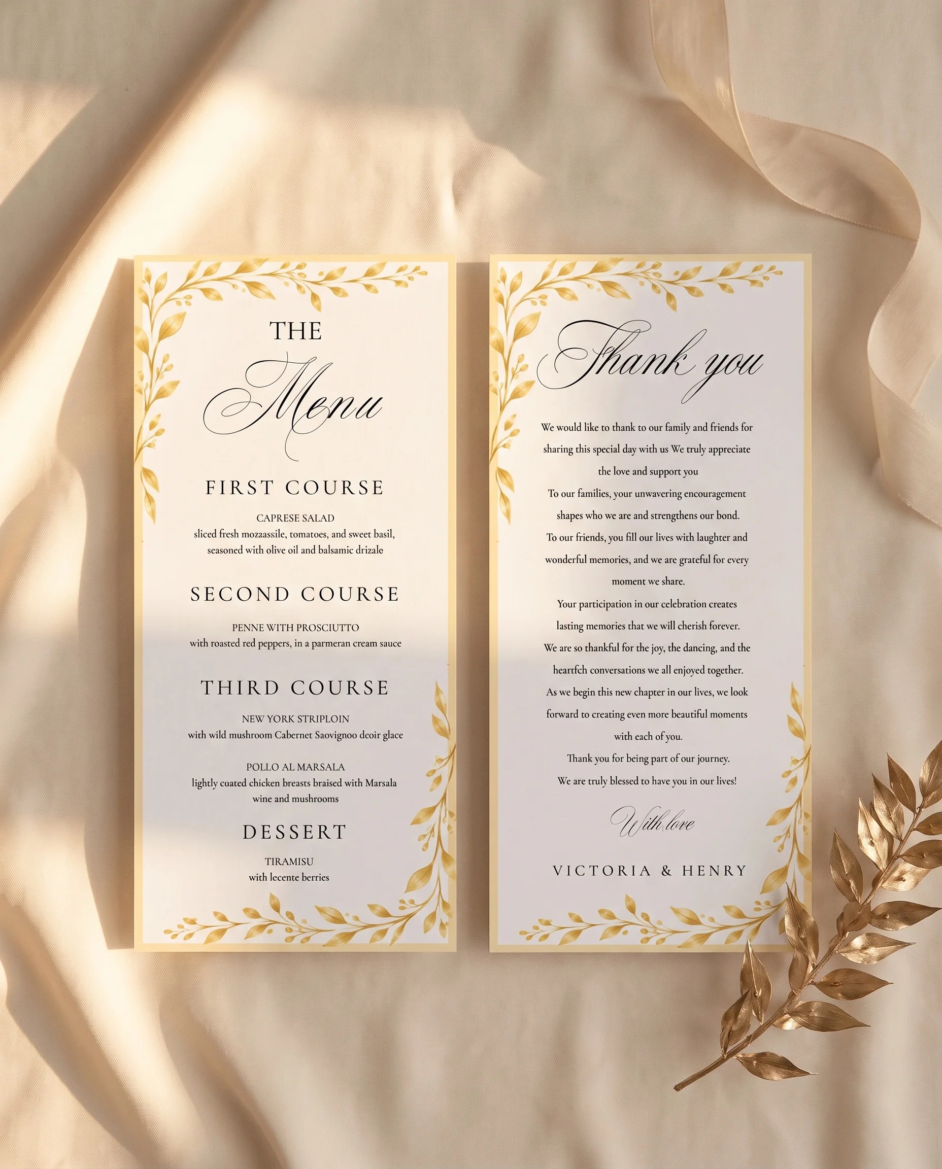Gilded Bough wedding menu — two menu pages arranged flat under soft natural light with a slight overhead angle, wedding menu.