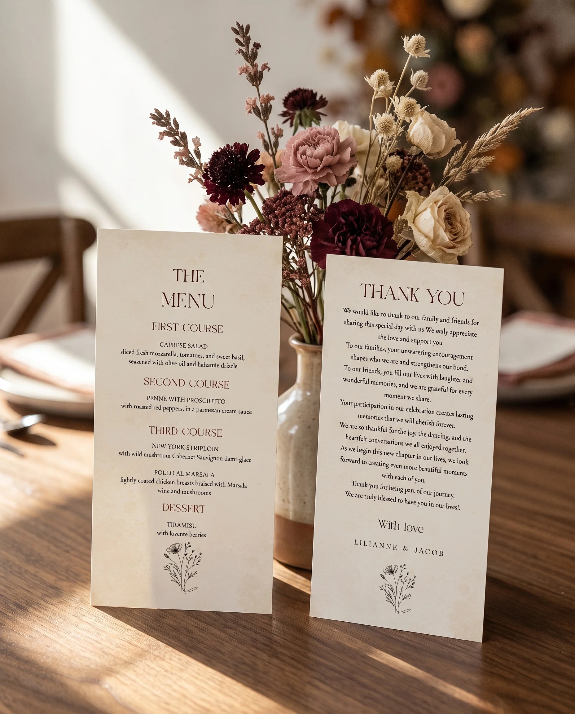 Heritage Bloom wedding menu — two menu pages standing upright on a reception table in soft natural light, wedding menu template.