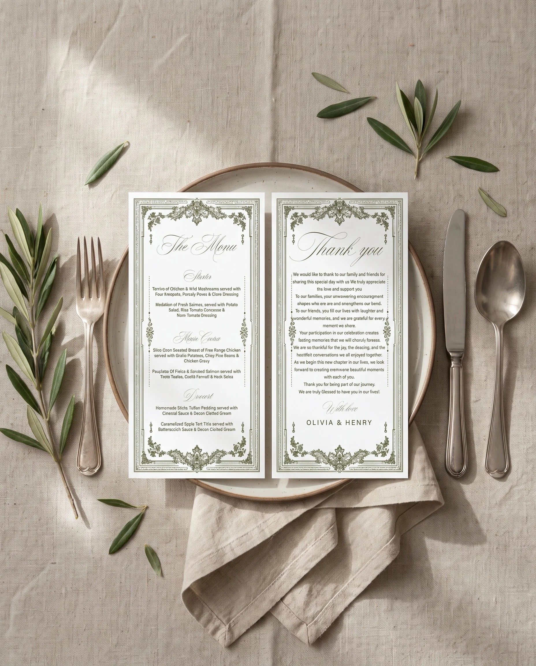 Verdant Filigree wedding menu — menu and thank you card resting on a plate at a softly lit place setting, wedding menu cards.