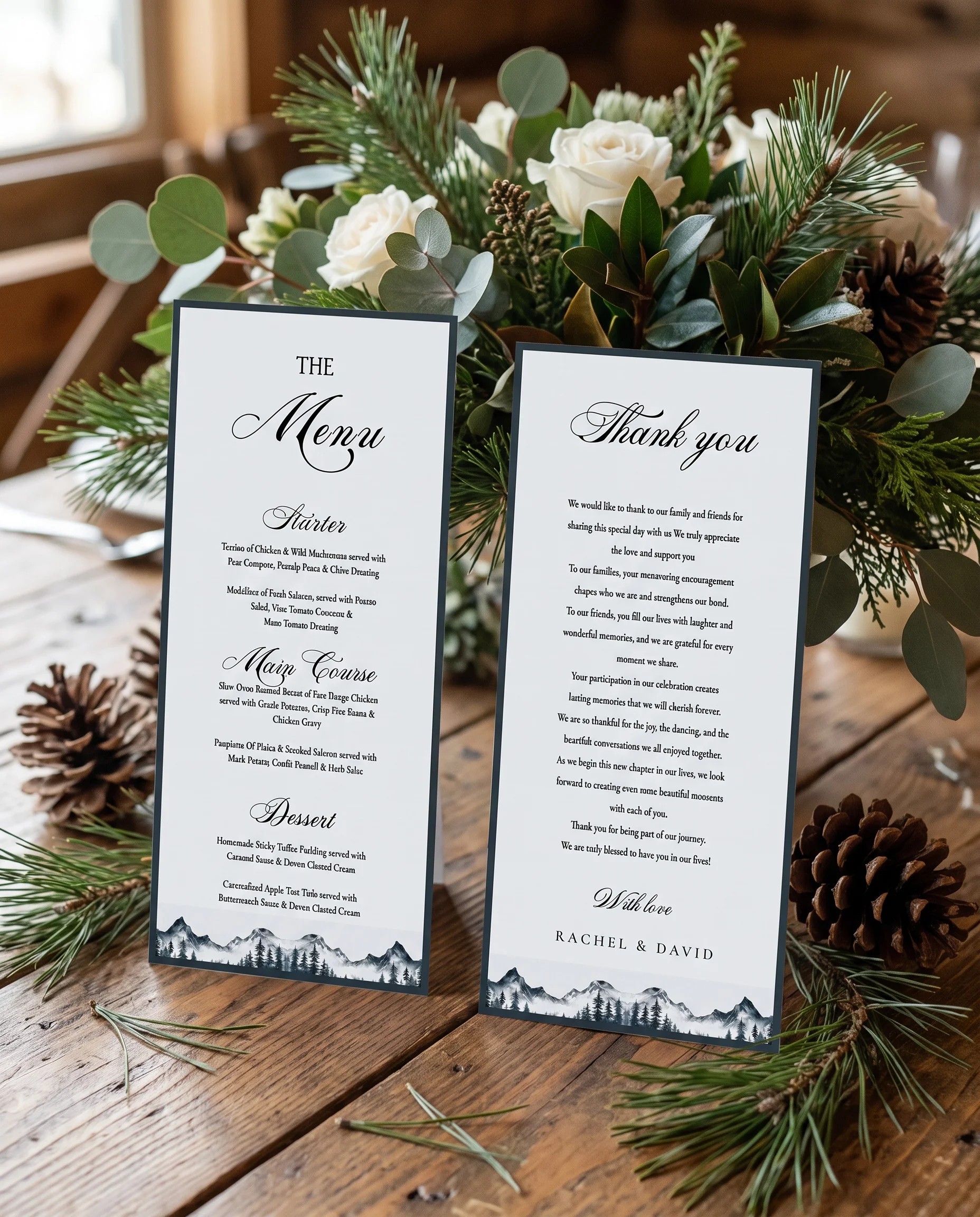 Pinecrest wedding menu — menu standing upright on a reception table under soft natural light, wedding menu template.