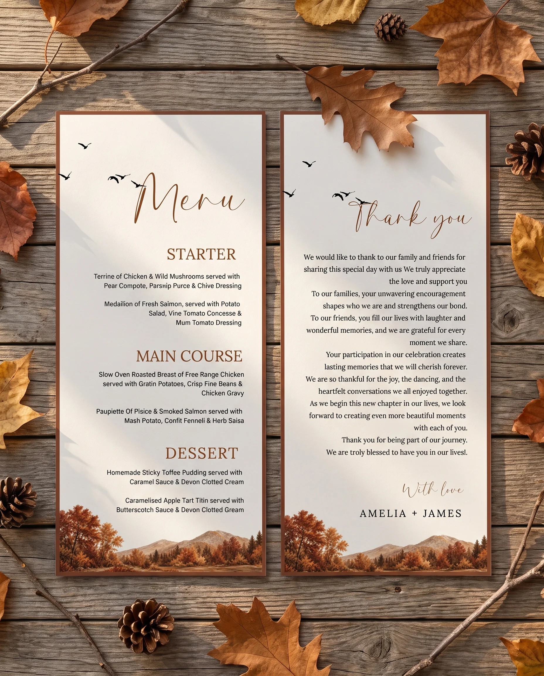 Timberline Reverie wedding menu — menu sheets laid flat on premium editorial paper under soft natural light, slight overhead angle, wedding menu