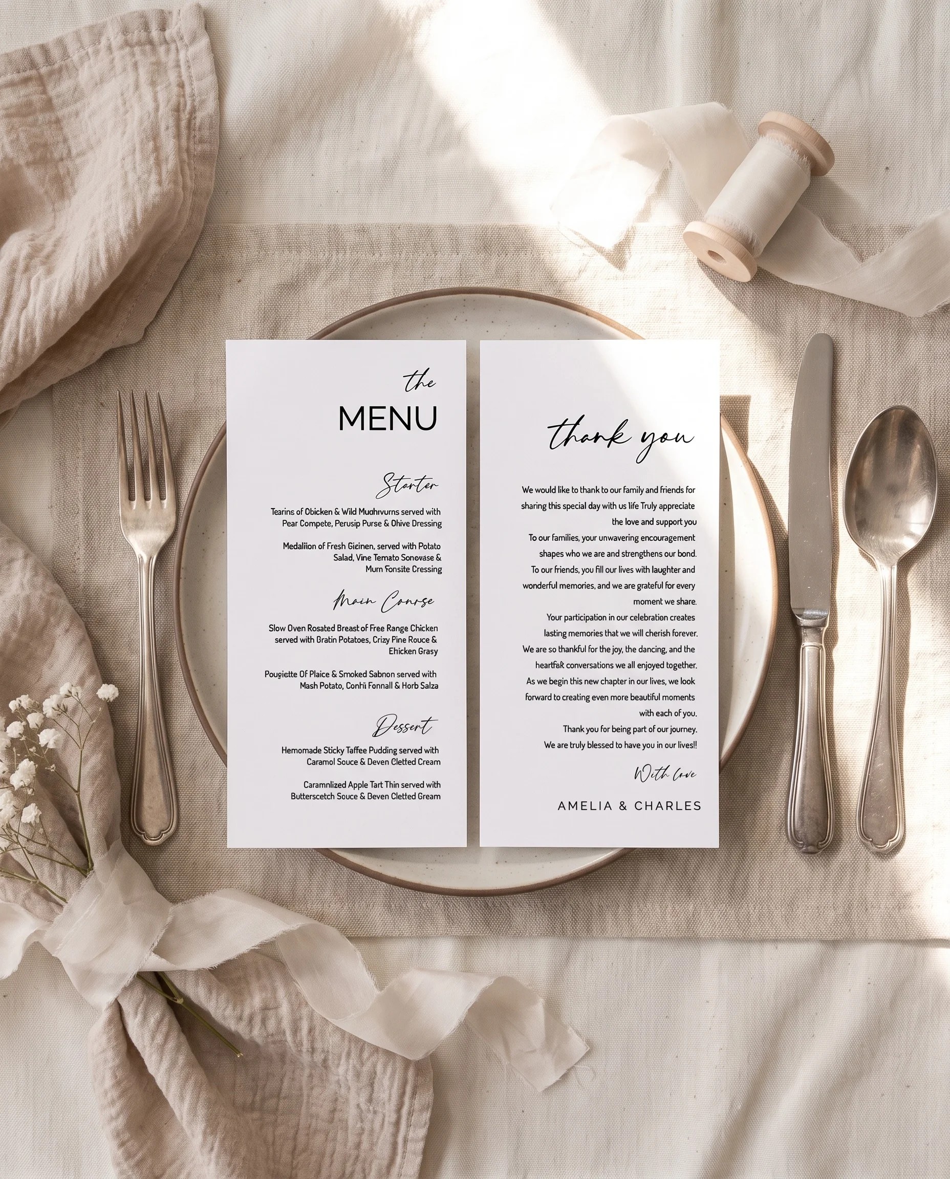 Cathedral wedding menu — menu and card resting on a plate at a set place setting in soft natural light, wedding menu cards.