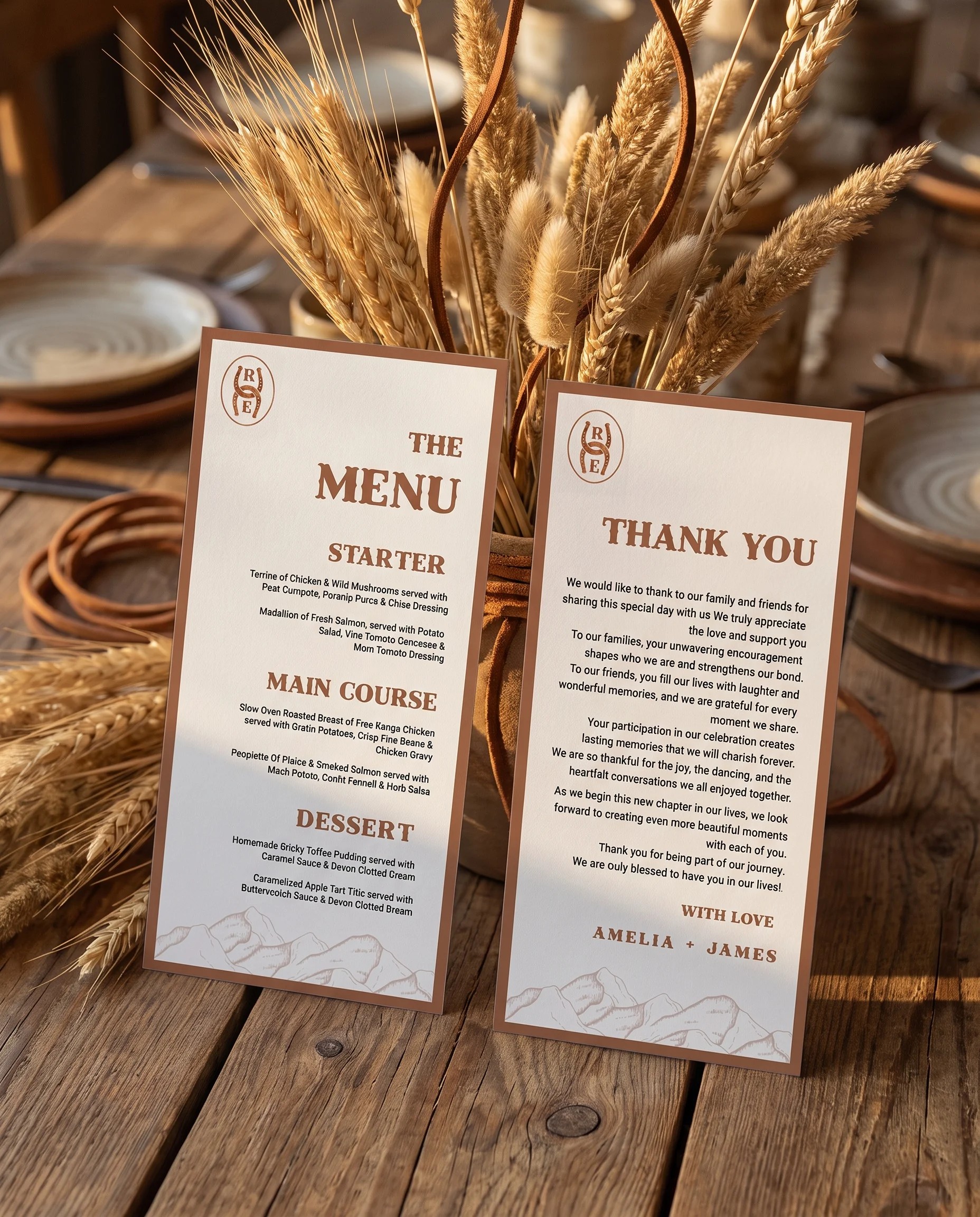 Saddle Crest wedding menu — two-page menu standing upright on a reception table under soft natural light, wedding menu template.