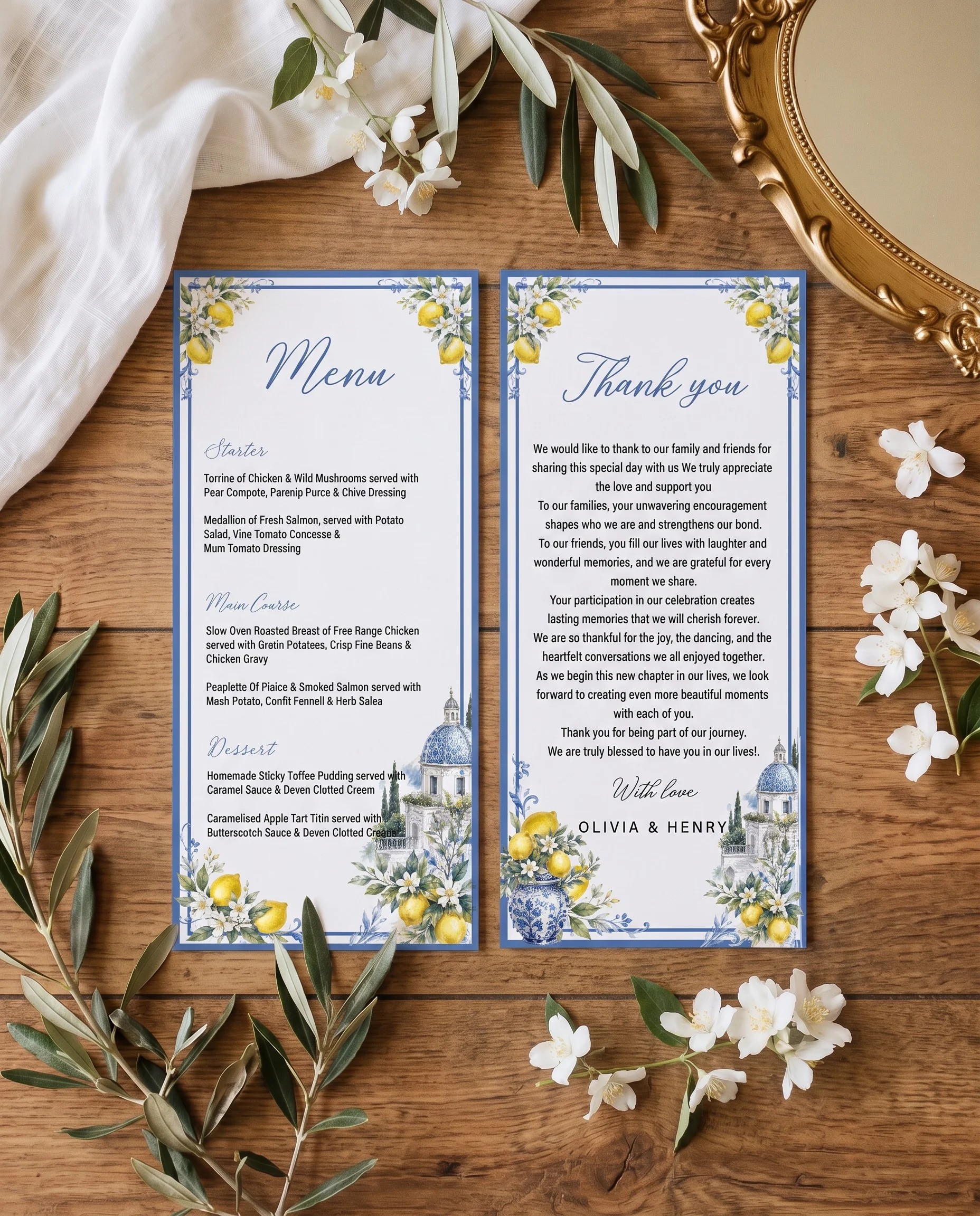 Amalfi Grove wedding menu — menu and thank you card shown flat under soft natural light, wedding menu.