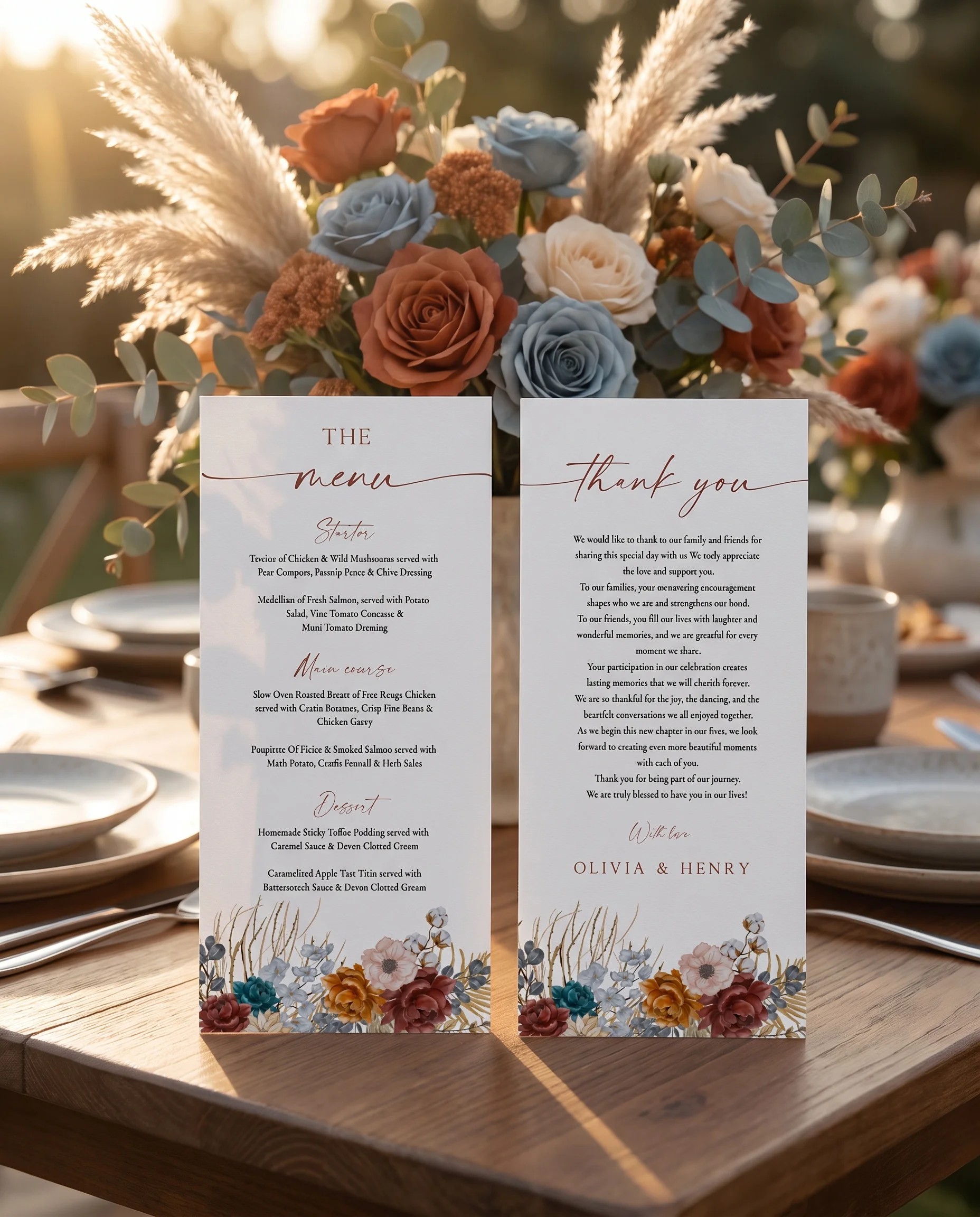 Marisol Bloom wedding menu — menu and thank you card standing upright on a reception table under soft natural light, wedding menu template