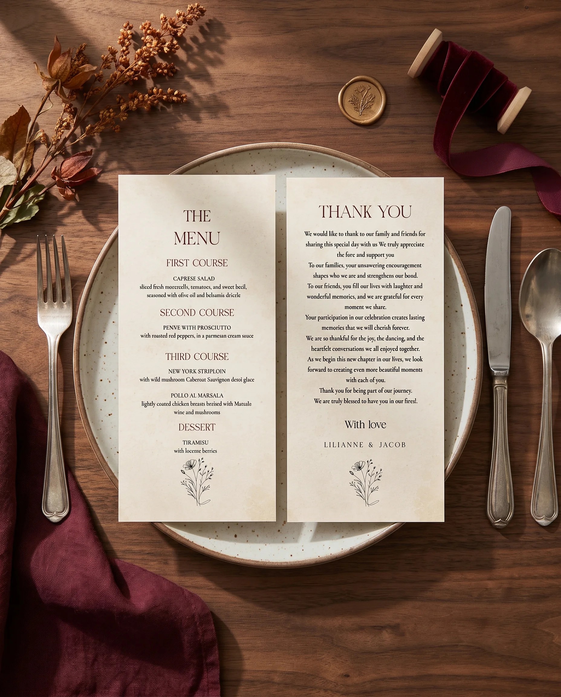 Heritage Bloom wedding menu — menu and thank you card resting on a plate at a place setting, wedding menu cards.
