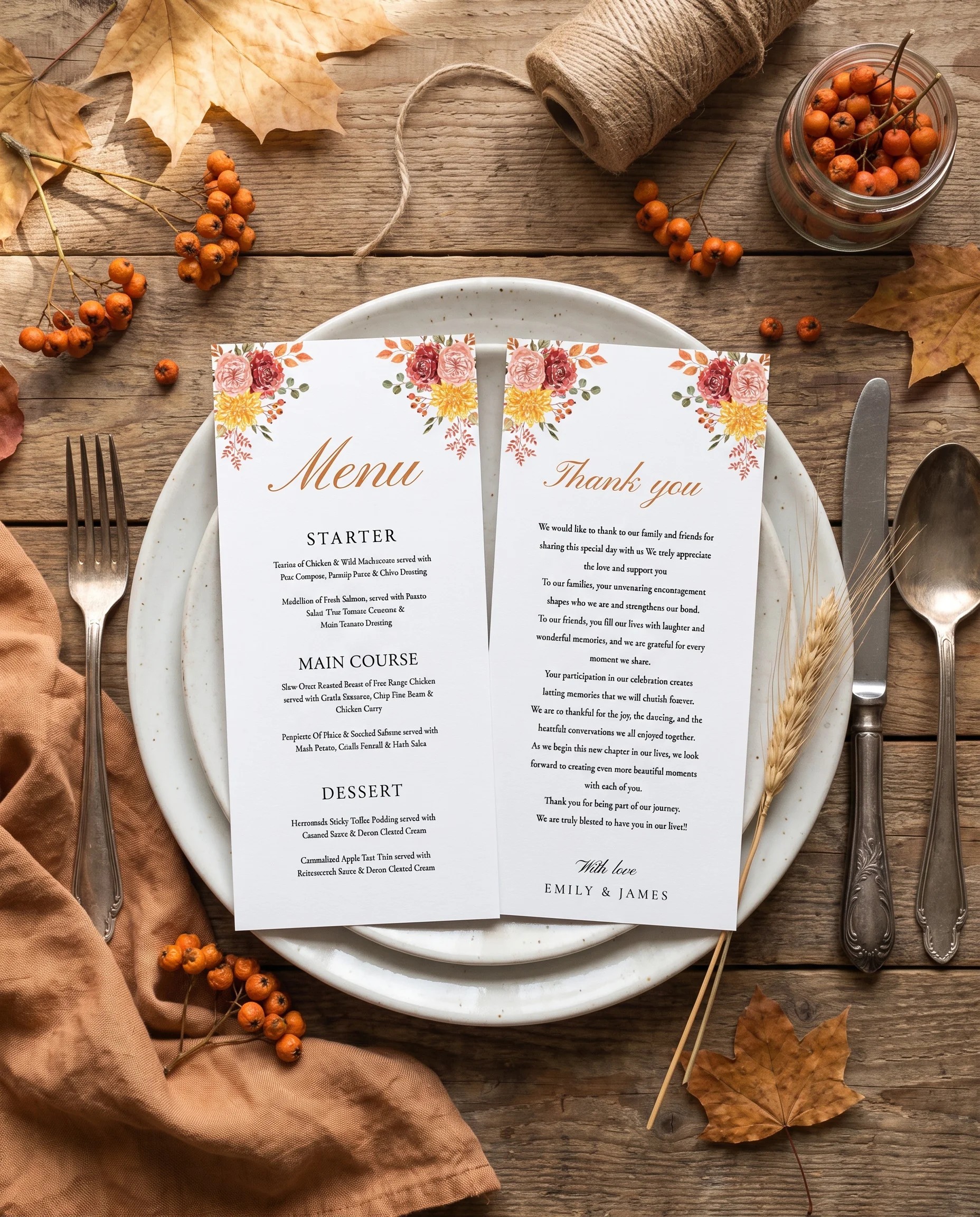 Ember Bloom wedding menu — two pages resting on a plate at a set place setting under soft natural light, wedding menu cards