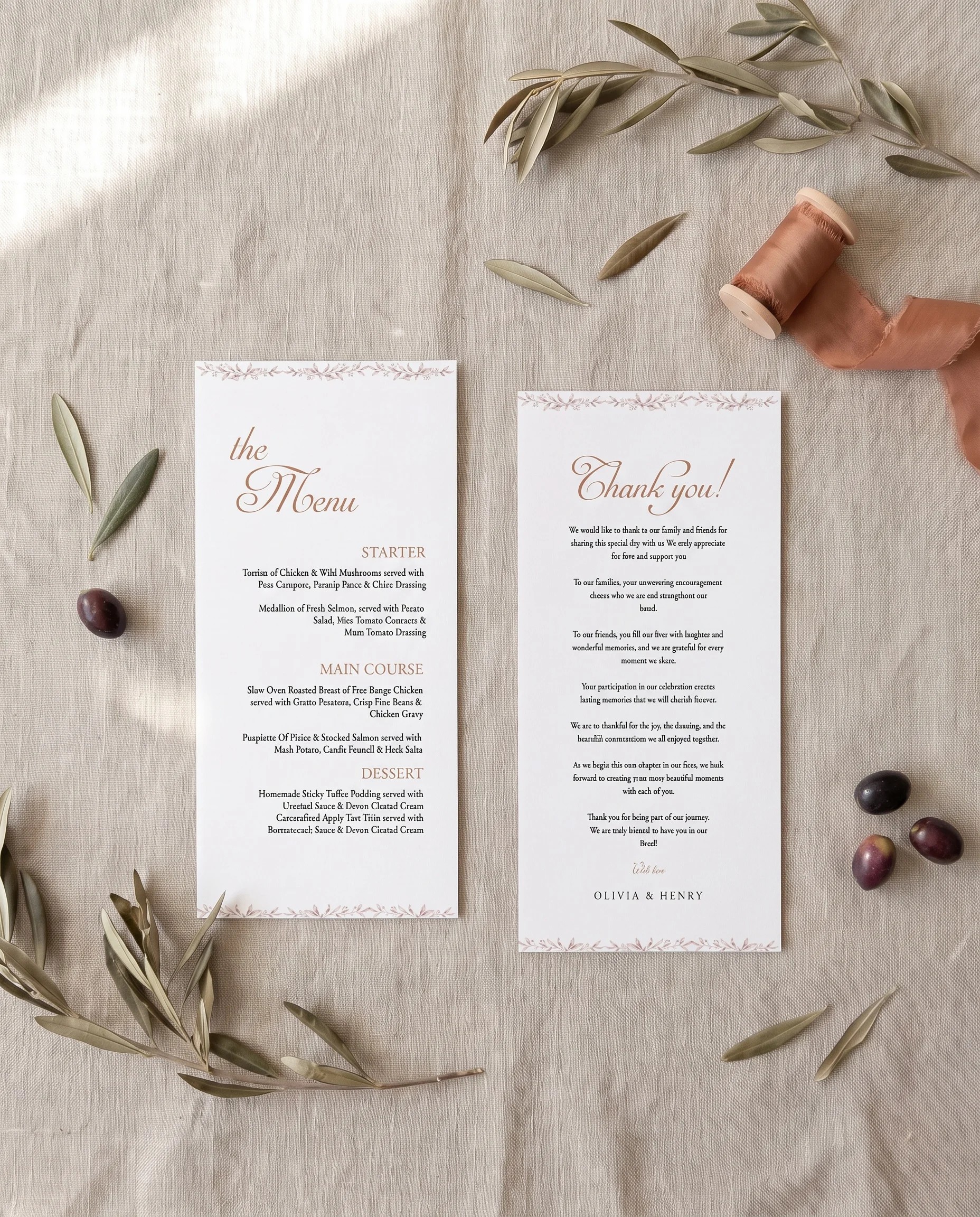 Sepia Sprig wedding menu — two menu pages arranged flat on premium editorial paper under soft natural light, wedding menu.