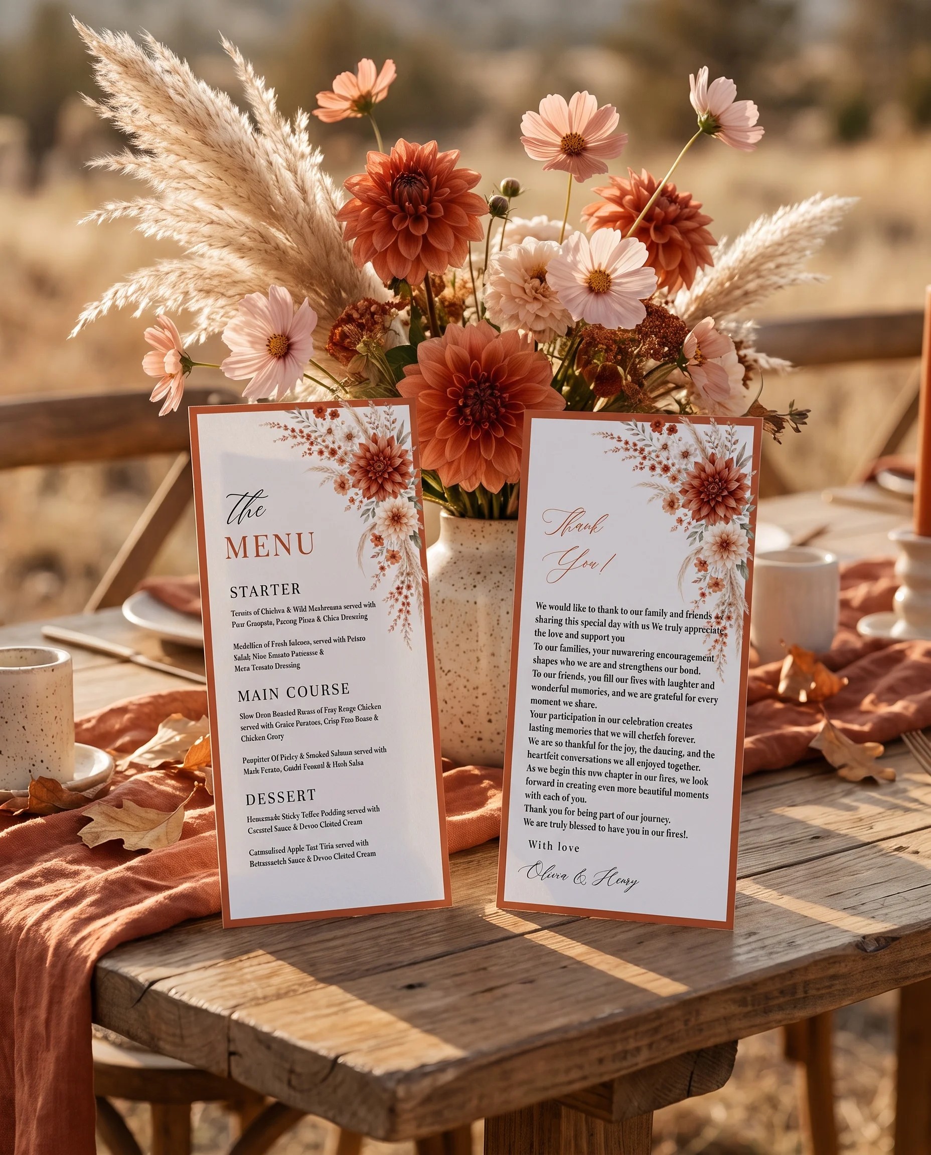 Dahlia Ember wedding menu — menu and thank you card standing upright on a reception table under soft natural light, wedding menu template