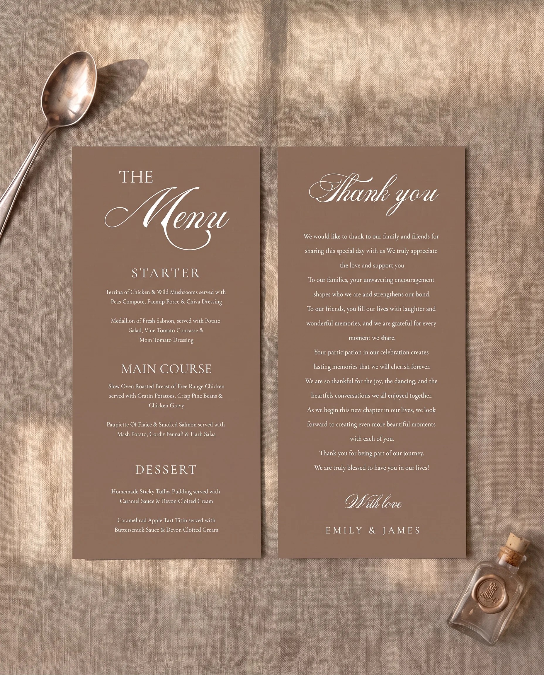 Hinge Script wedding menu — menu and thank you card laid flat under soft natural light with a slight overhead angle, wedding menu.