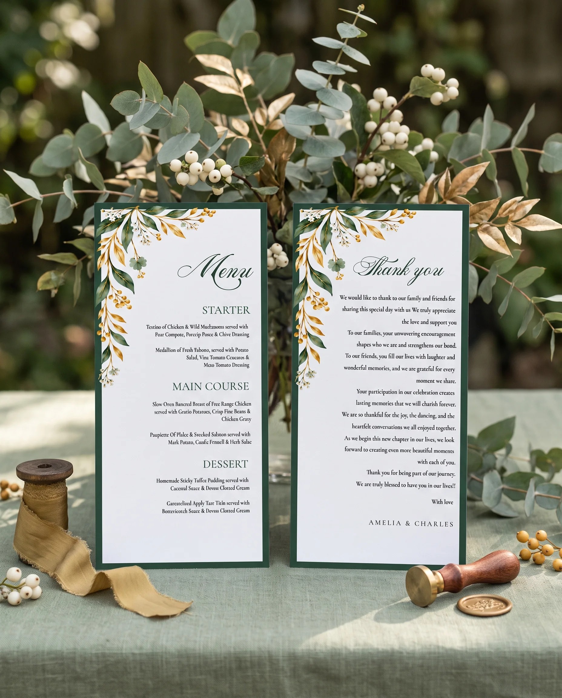Gilded Foliage wedding menu — two cards standing upright on a reception table under soft natural light, wedding menu template.