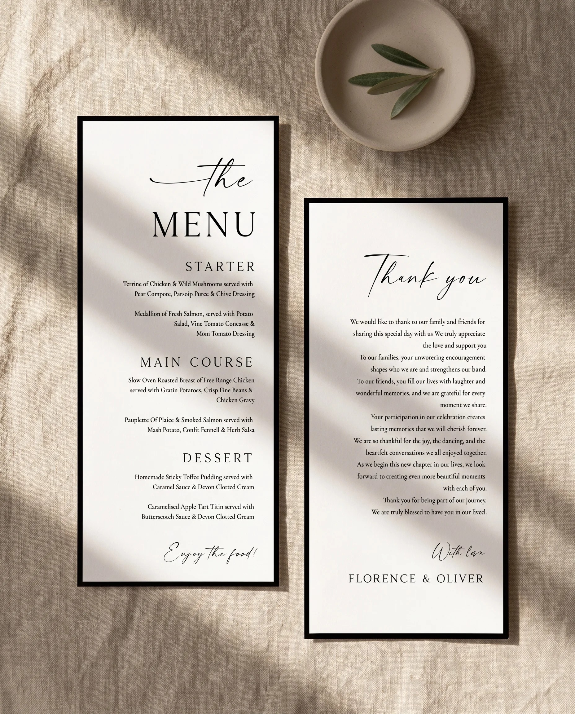 Lumen Frame wedding menu — two menu pages shown flat under soft natural light with a slight overhead angle, wedding menu.