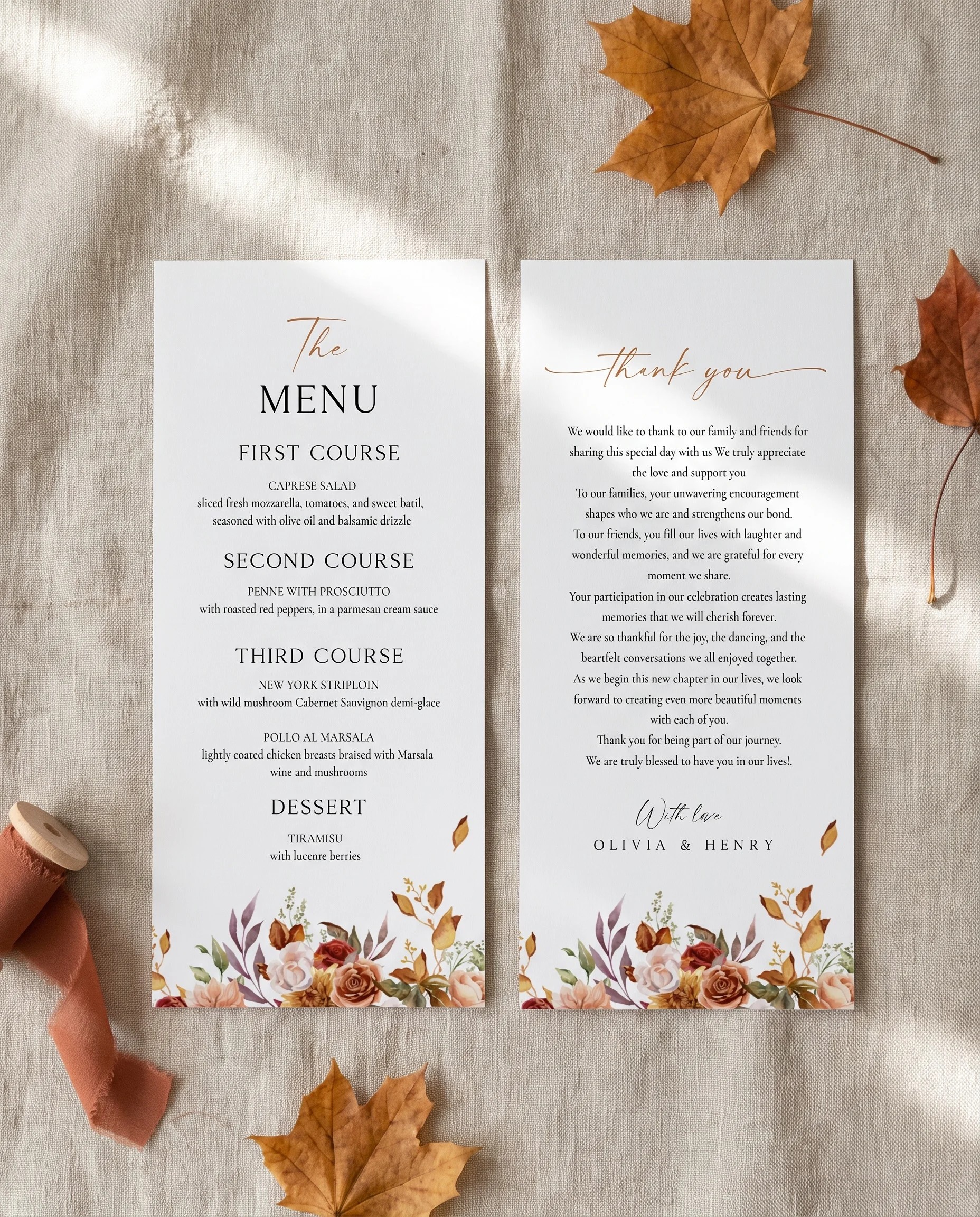 Autumn Bloom wedding menu — two menu pages laid flat on premium paper under soft natural light, wedding menu.