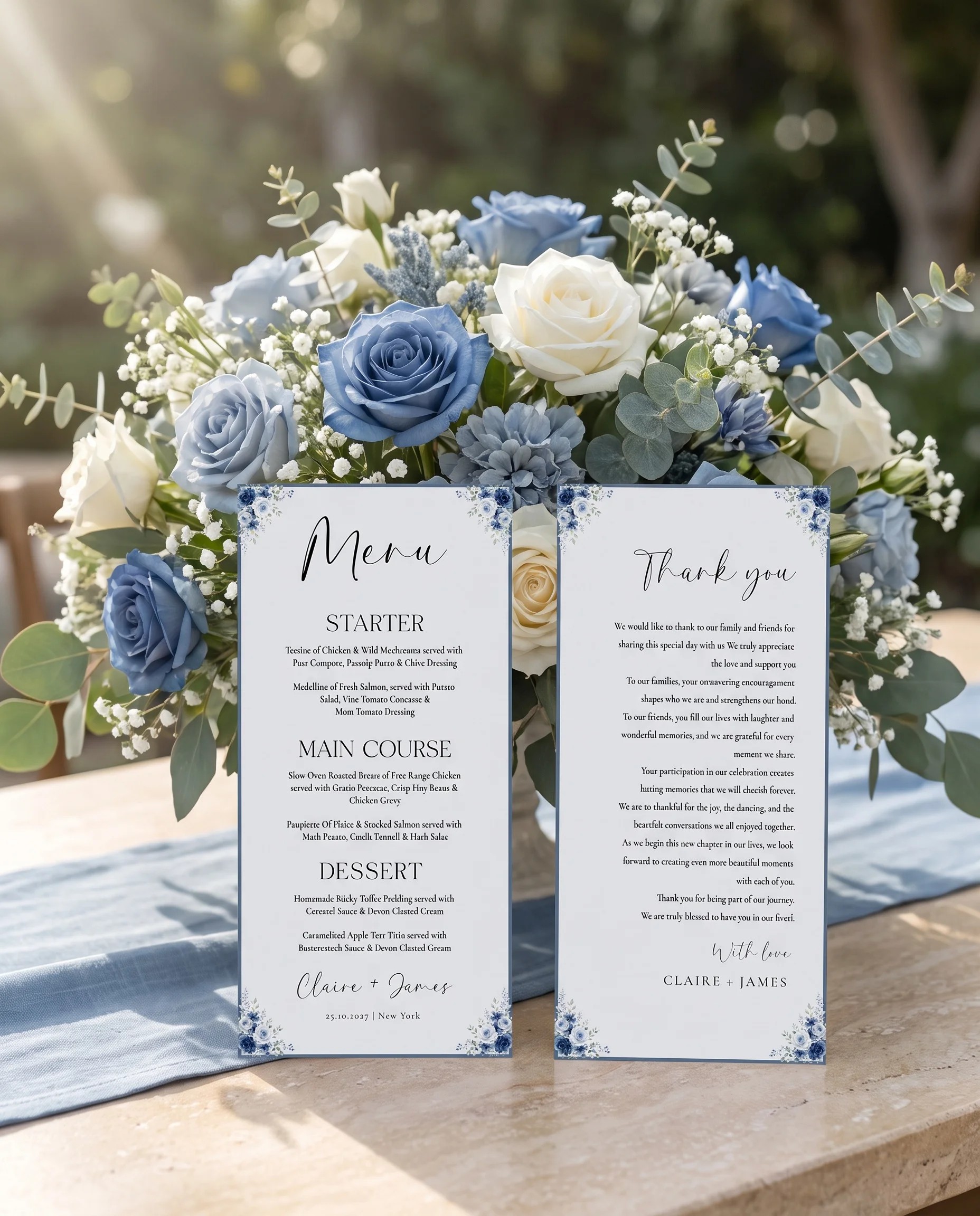 Bluebloom wedding menu — two menu pages standing upright on a reception table under soft natural light, wedding menu template.