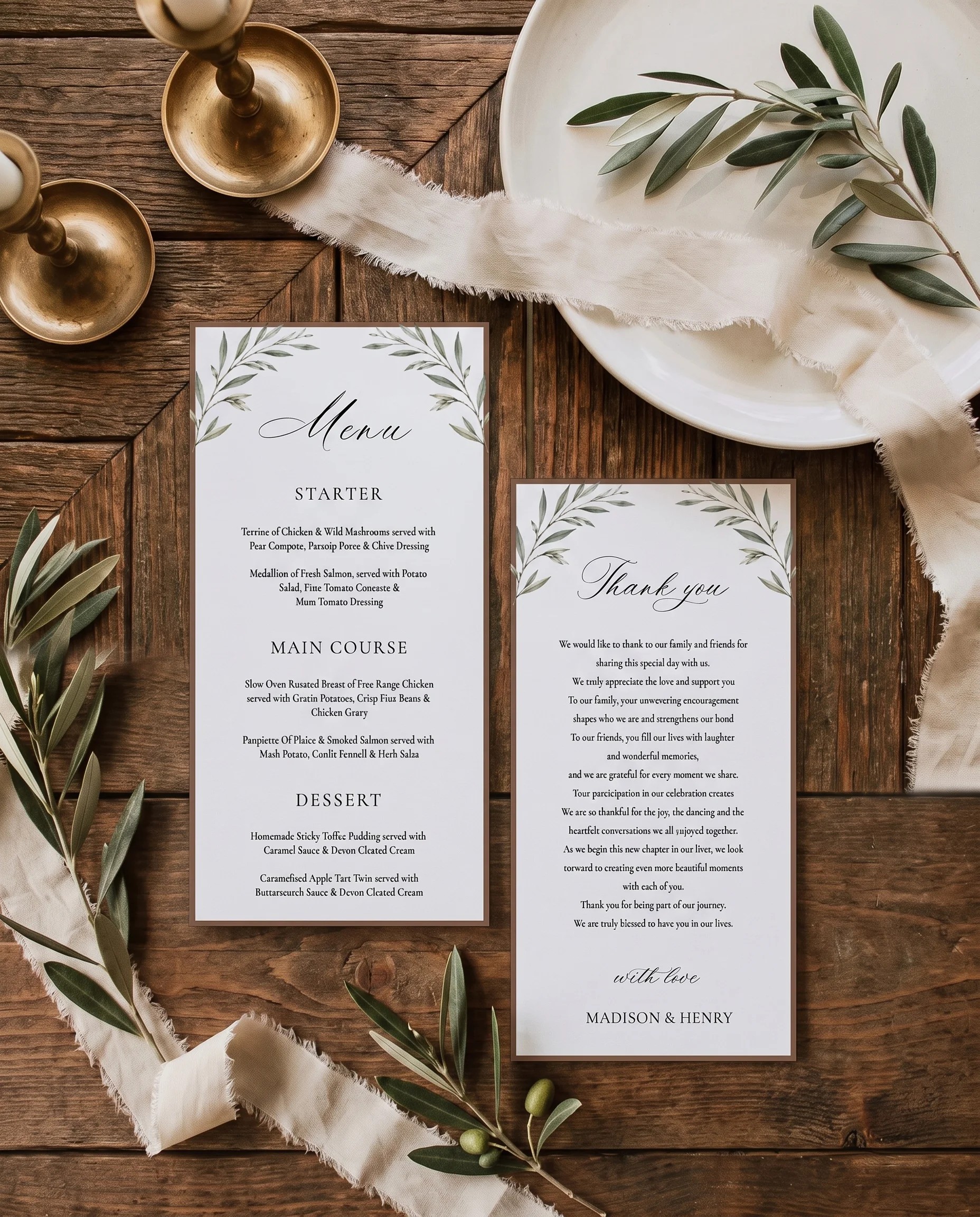 Olive Arc wedding menu — two pages shown flat on premium editorial paper in soft natural light, wedding menu.