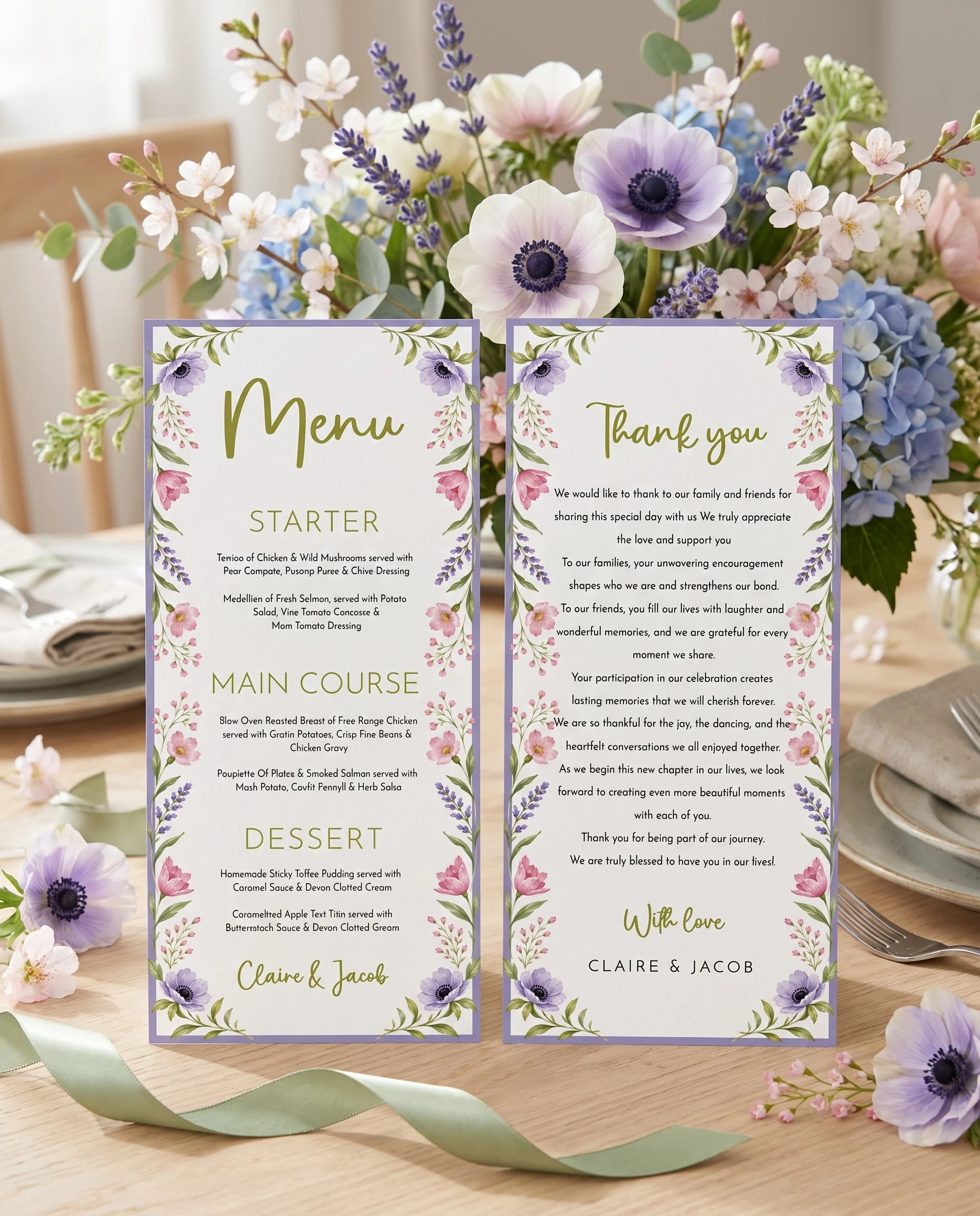 Anemone Toast wedding menu — menu and thank you card standing upright on a reception table under soft natural light, wedding menu template.