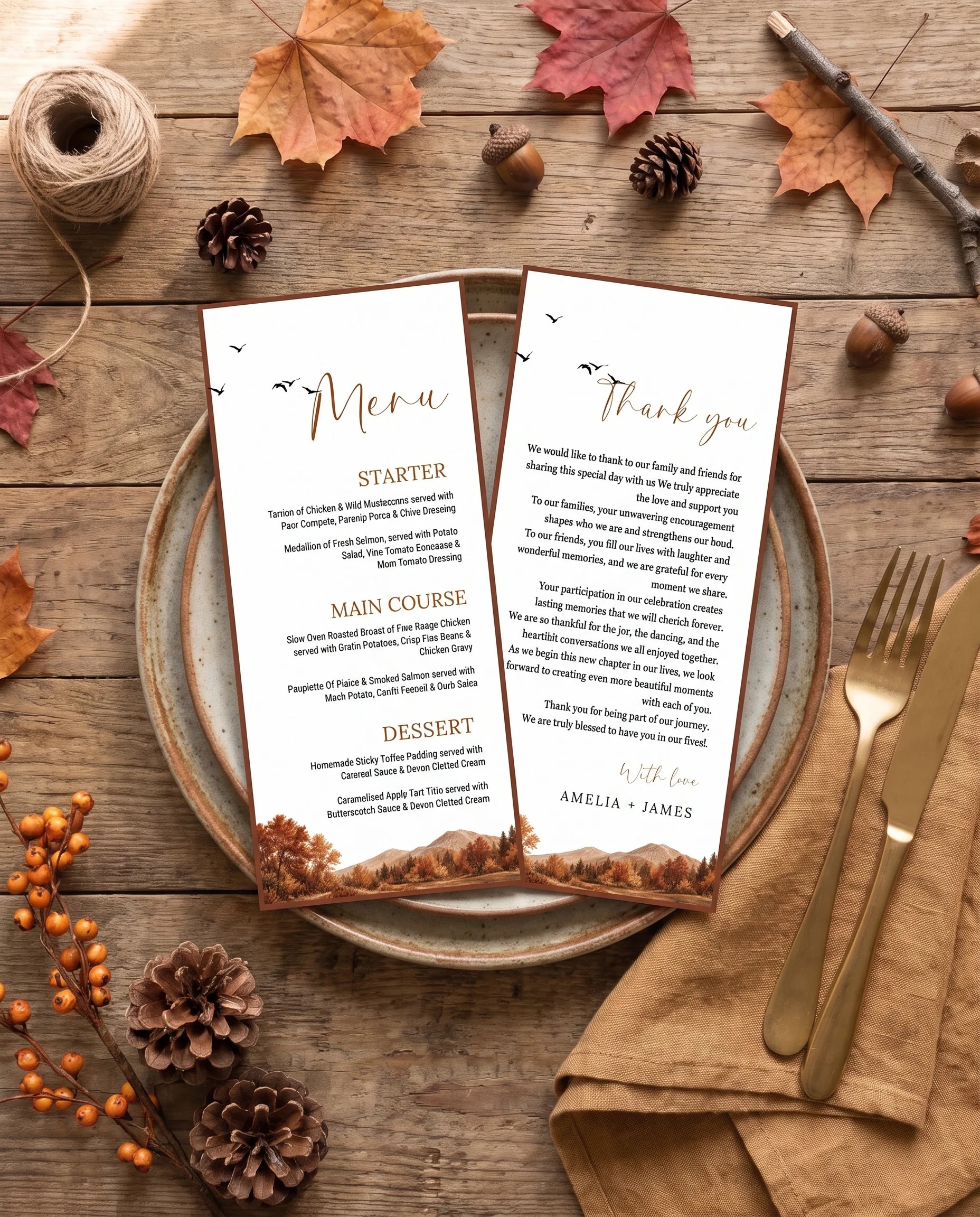 Timberline Reverie wedding menu — menu and thank you card resting on a plate at a set place setting, soft natural light, wedding menu cards
