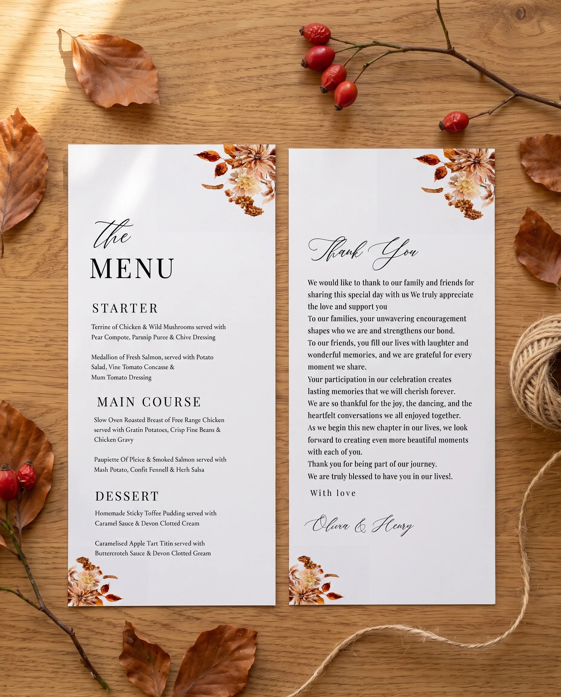 Autumn Bramble wedding menu — two menu pages shown flat under soft natural light with a slight overhead angle, wedding menu.