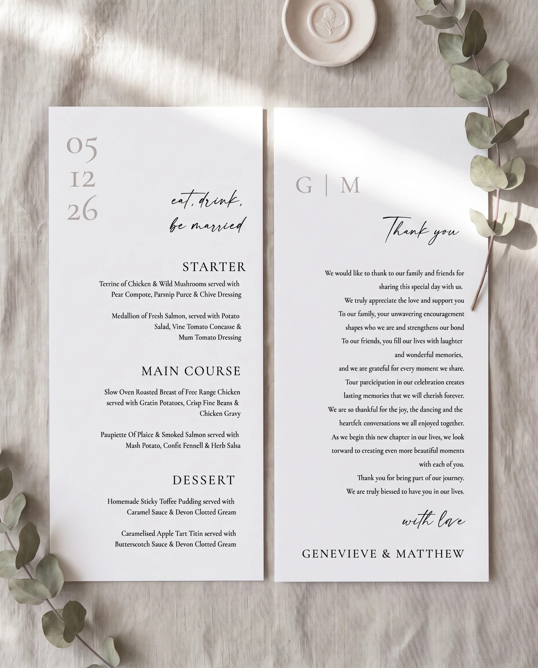 Arcadia wedding menu — two menu pages shown flat under soft natural light with a slight overhead angle, wedding menu.