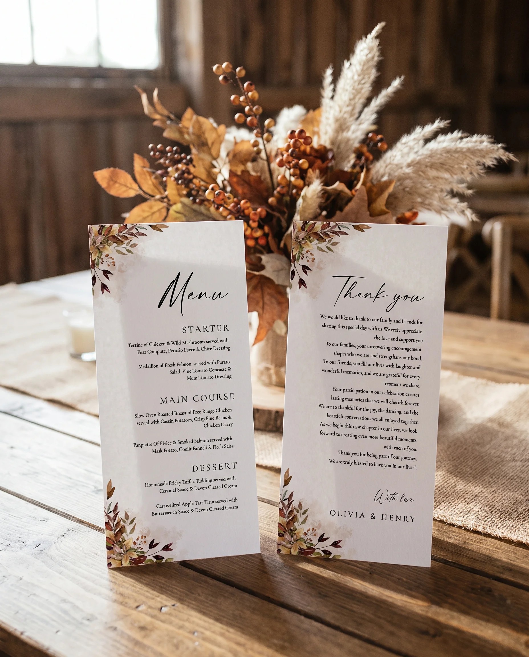 Autumn Bough wedding menu — two-page menu standing upright on a reception table under soft natural light, wedding menu template.