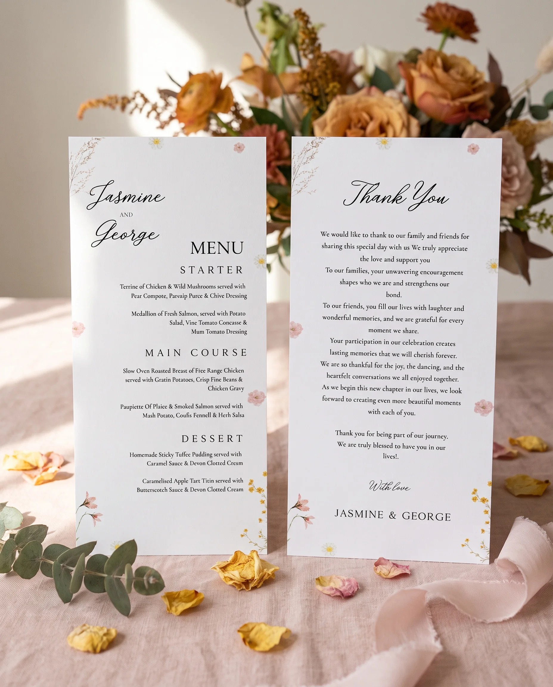 Marigold Petal wedding menu — two pages standing upright on a reception table under soft natural light, wedding menu template.