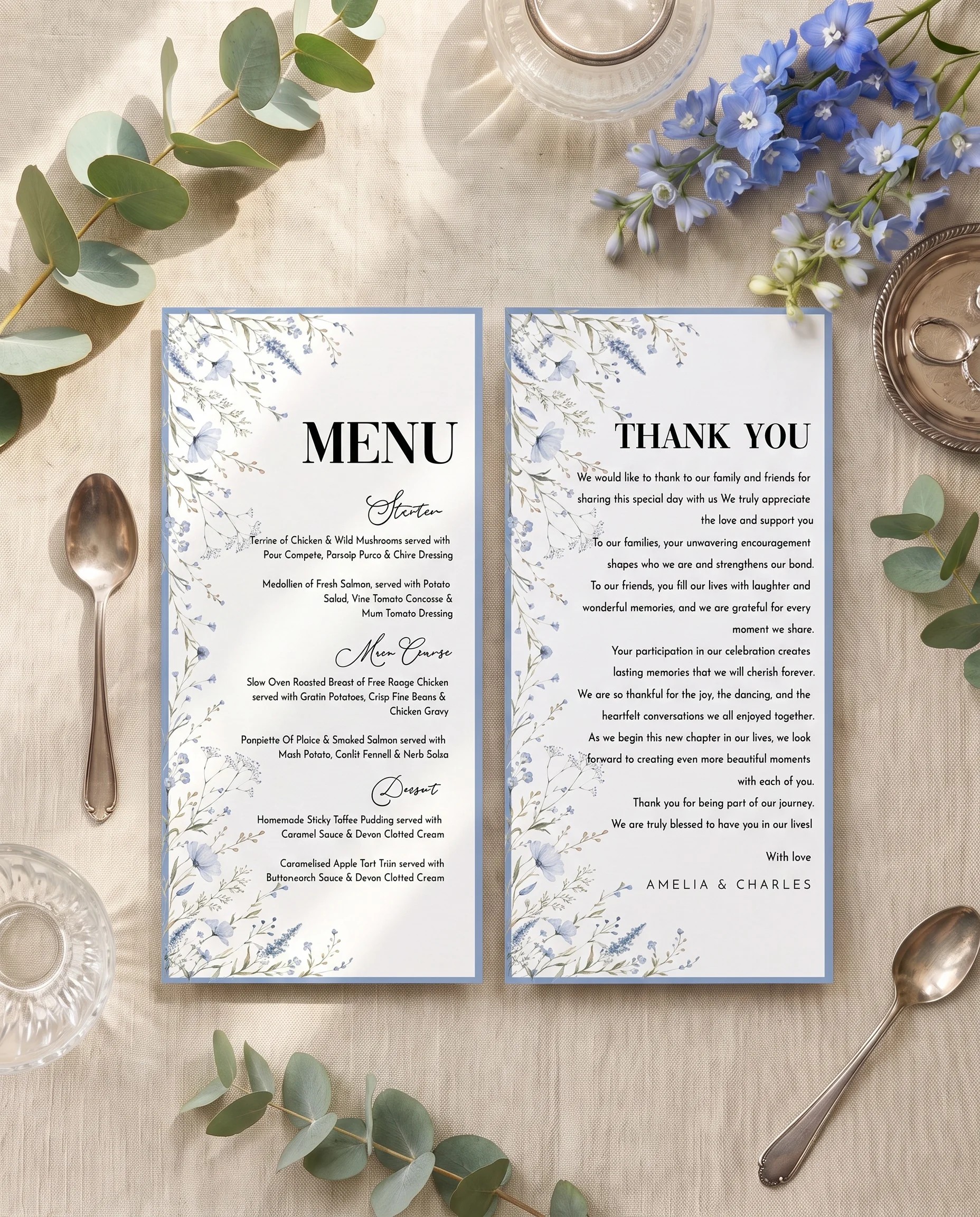 Azure Sprig wedding menu — two pages shown flat under soft natural light with a slight overhead angle, wedding menu