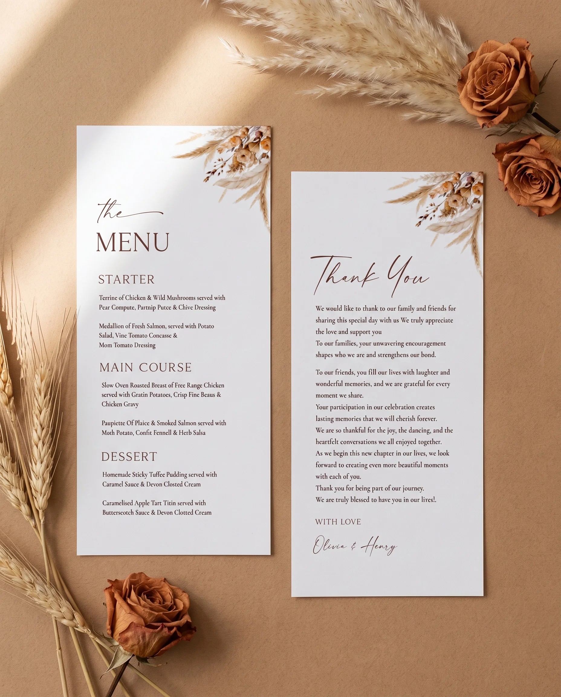 Harvest Script wedding menu — two menu pages shown flat under soft natural light with a slight overhead angle, wedding menu.