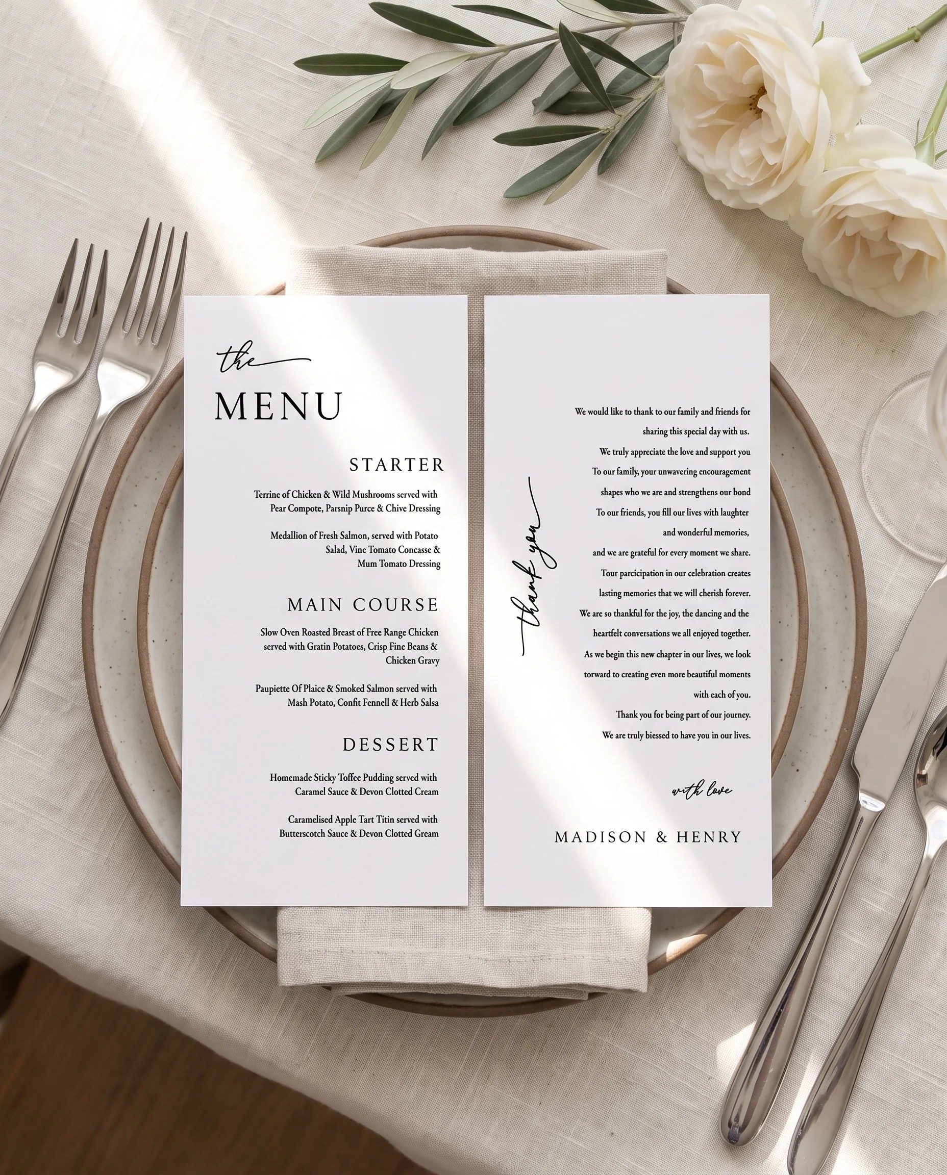 Quiet Line wedding menu — menu and thank you card resting on a plate at a set place setting, wedding menu cards.