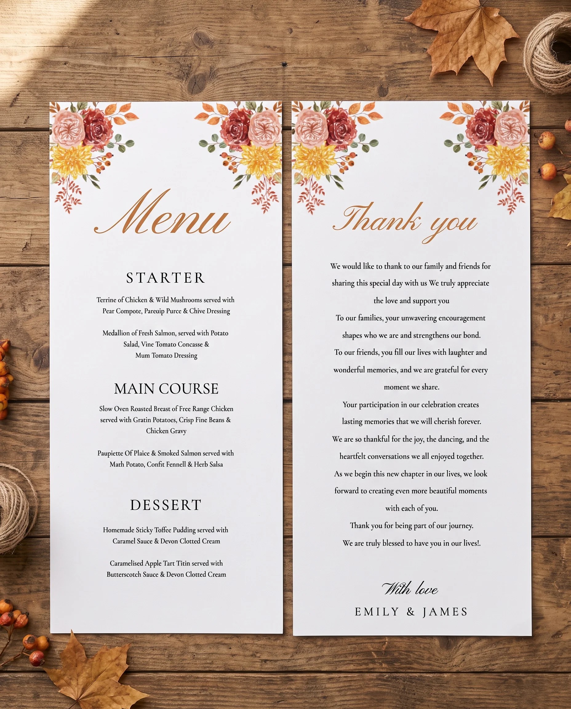Ember Bloom wedding menu — menu and thank-you card laid flat on premium paper under soft light, wedding menu