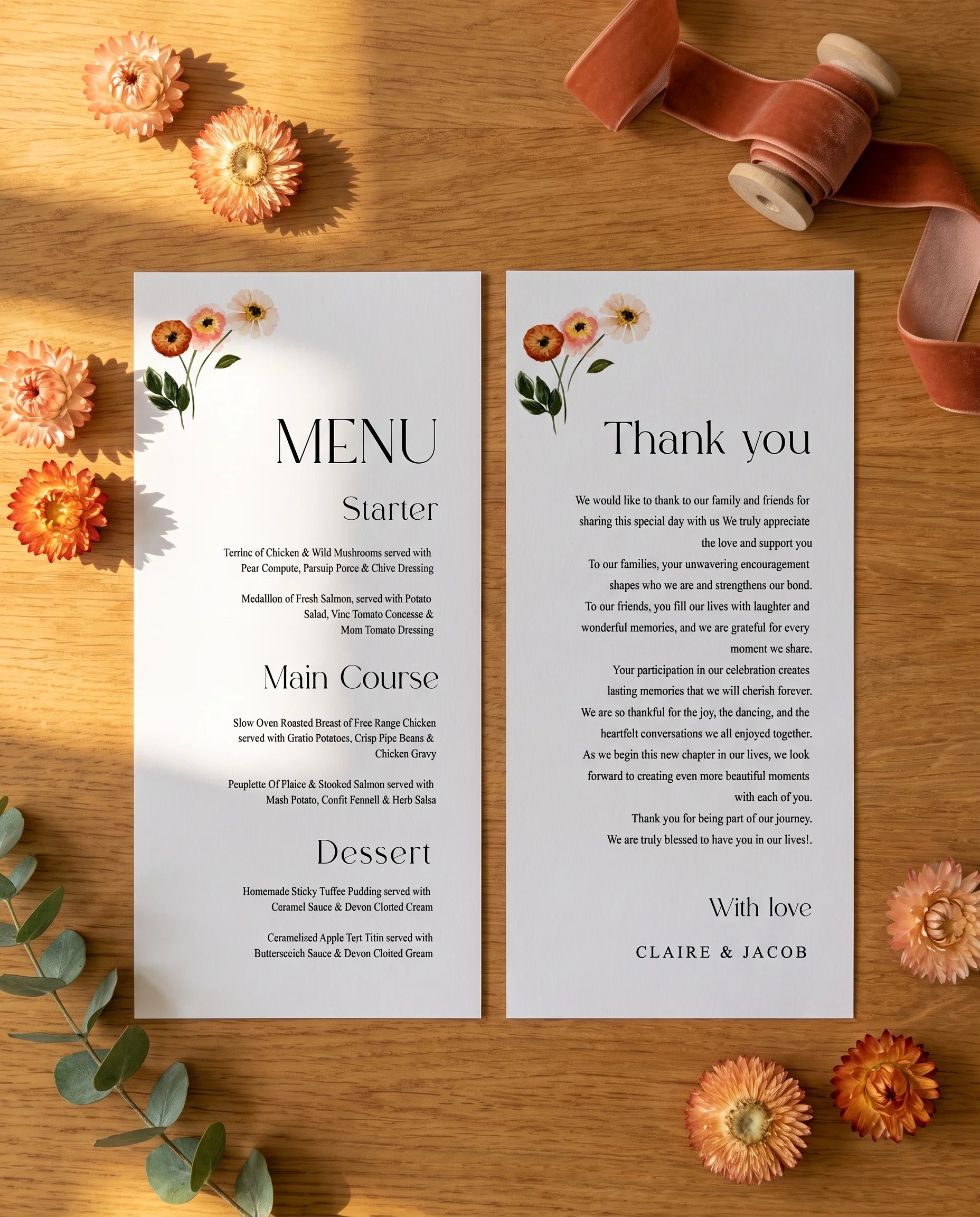 Eucalyptus Bloom wedding menu — two menu pages shown flat under soft natural light with a slight overhead angle, wedding menu.