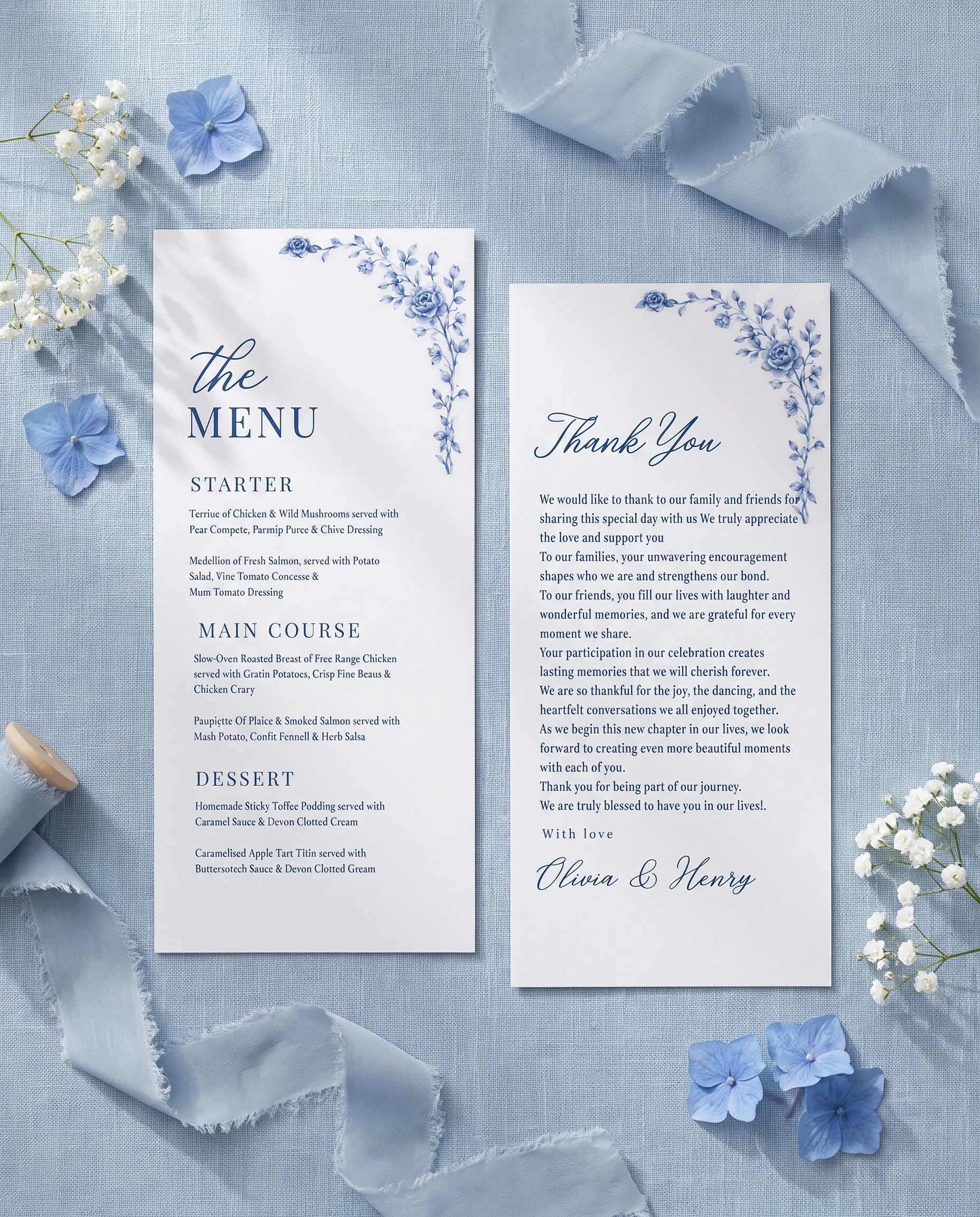 Blue Heron wedding menu — two menu pages shown flat under soft natural light with a slight overhead angle, wedding menu.