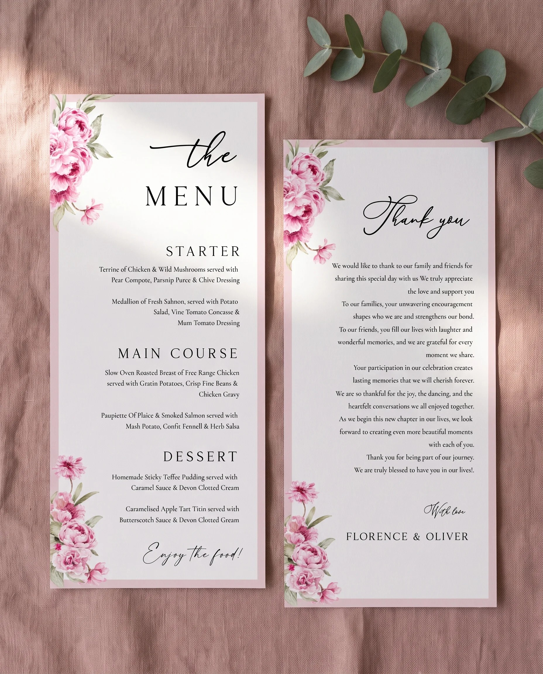 Blush Peony wedding menu — flat lay of menu and thank you card in soft natural light, wedding menu
