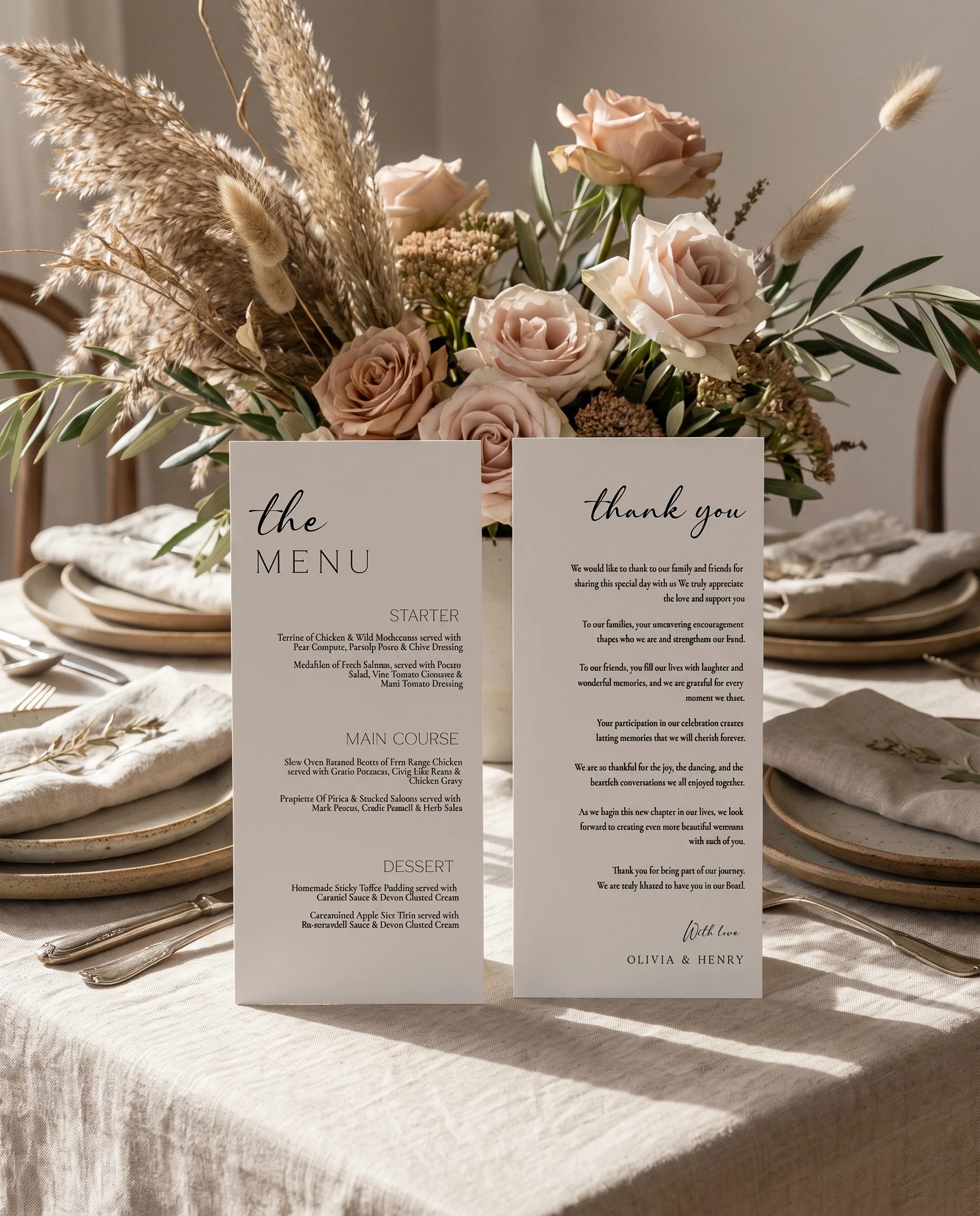 Tassel Arc wedding menu — two menu pages standing upright on a reception table under soft natural light, wedding menu template
