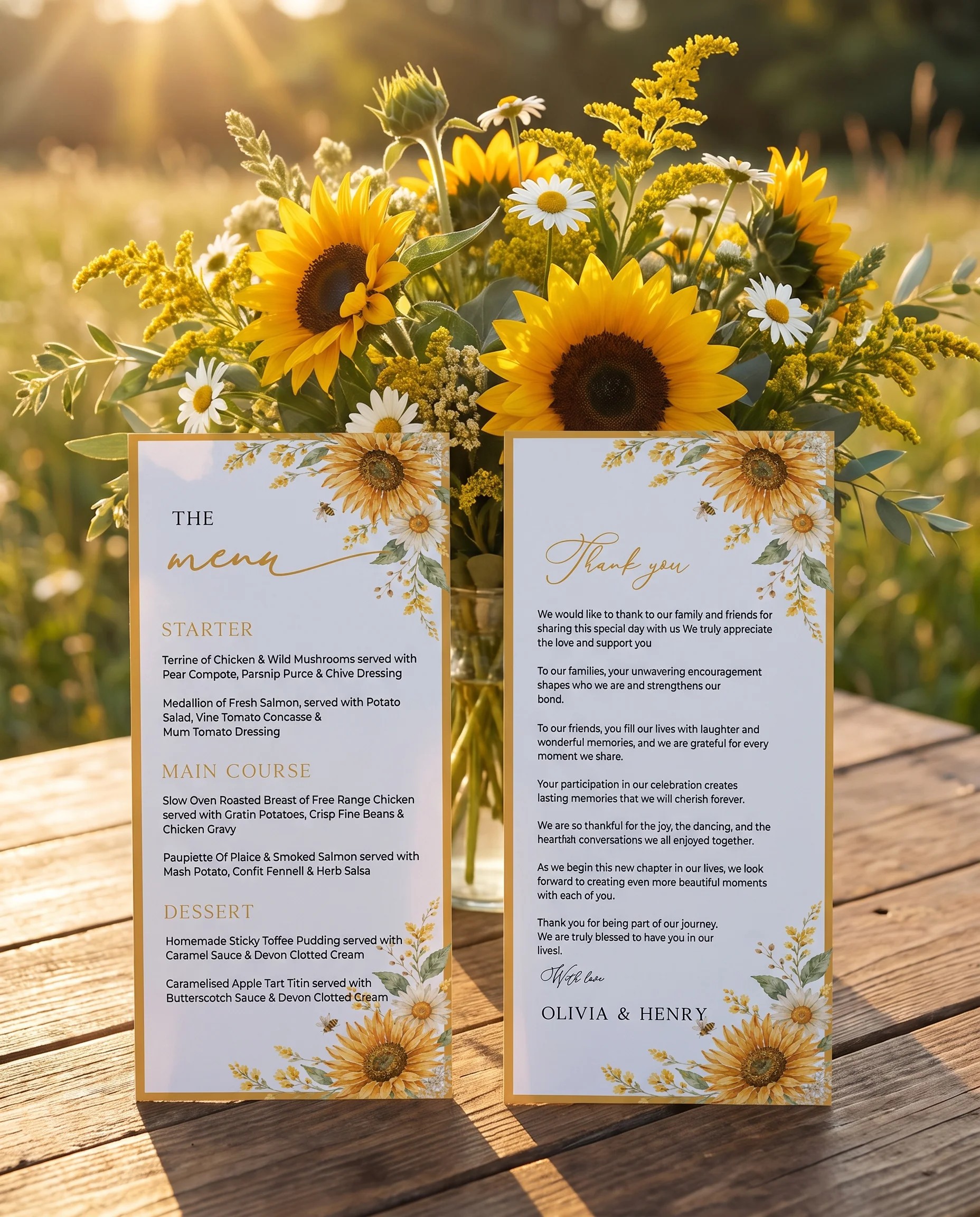 Honeyfield wedding menu — menu and thank you card standing upright on a reception table under soft natural light, wedding menu template.
