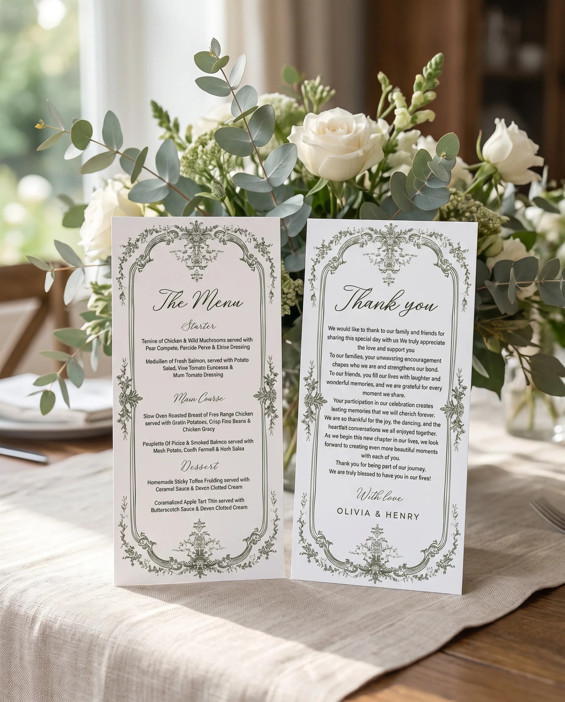 Sage Crest wedding menu — menu and thank you card standing upright on a reception table in soft natural light, wedding menu template