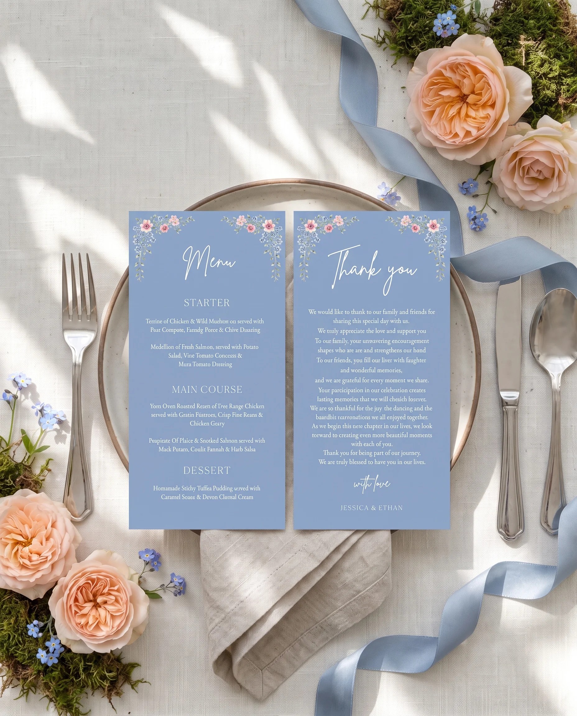 Meadow Spire wedding menu — menu and thank you card on a plate at a set place setting, wedding menu cards.