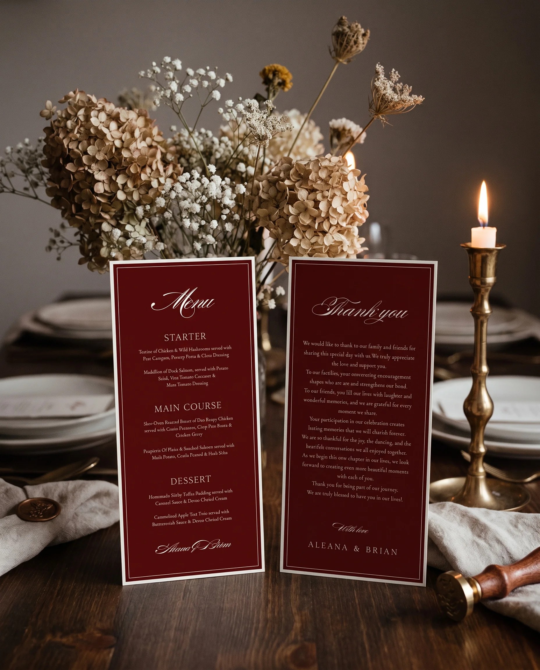 Claret Filigree wedding menu — two menu pages standing upright on a reception table under soft natural light, wedding menu template