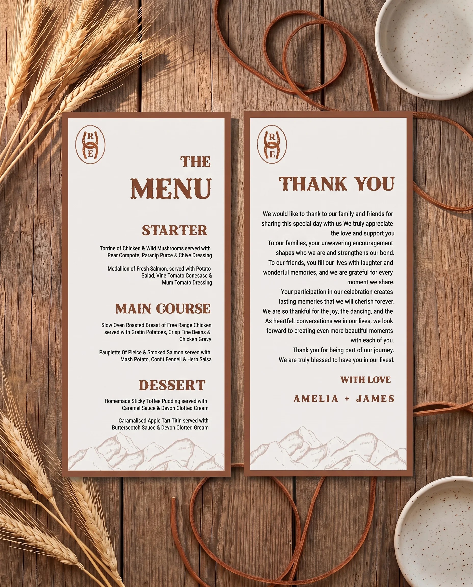 Saddle Crest wedding menu — two menu pages arranged flat under soft natural light, wedding menu.