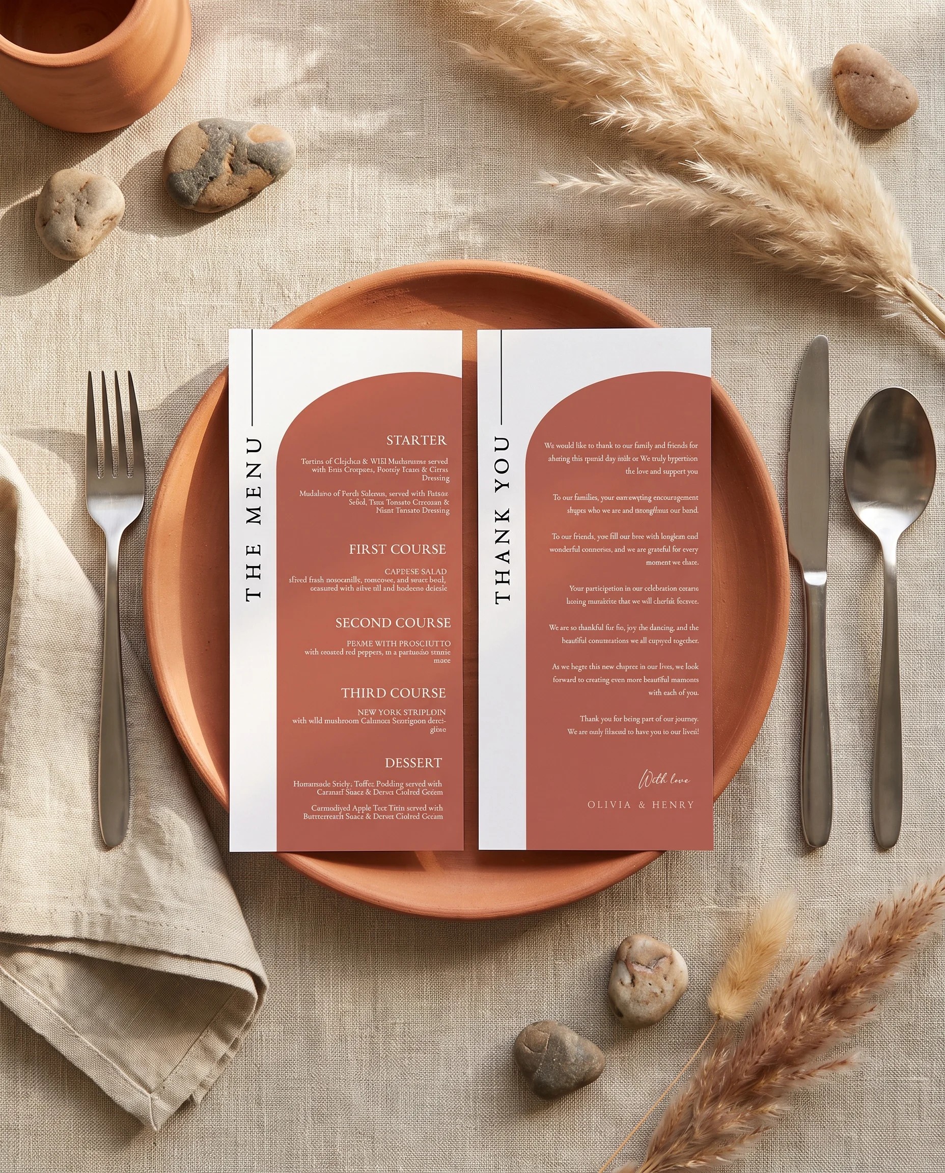 Desert Bloom wedding menu — menu and thank you card resting on a plate at a softly lit place setting, wedding menu cards.