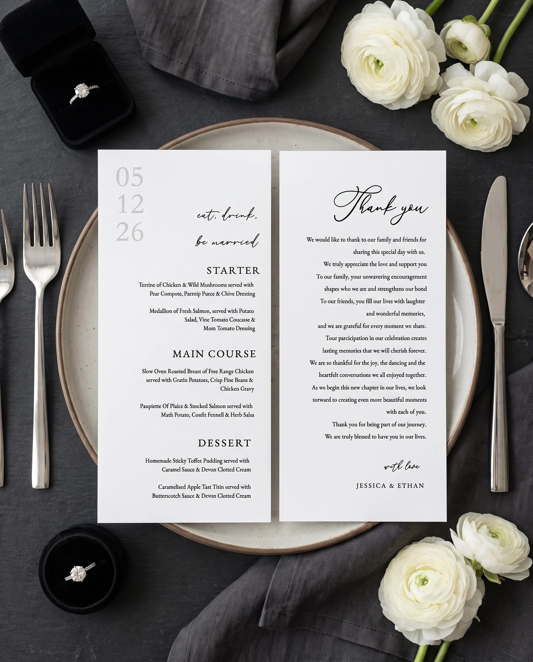 Monochrome Veil wedding menu — menu and thank you card on a plate at a place setting in soft light, wedding menu cards.