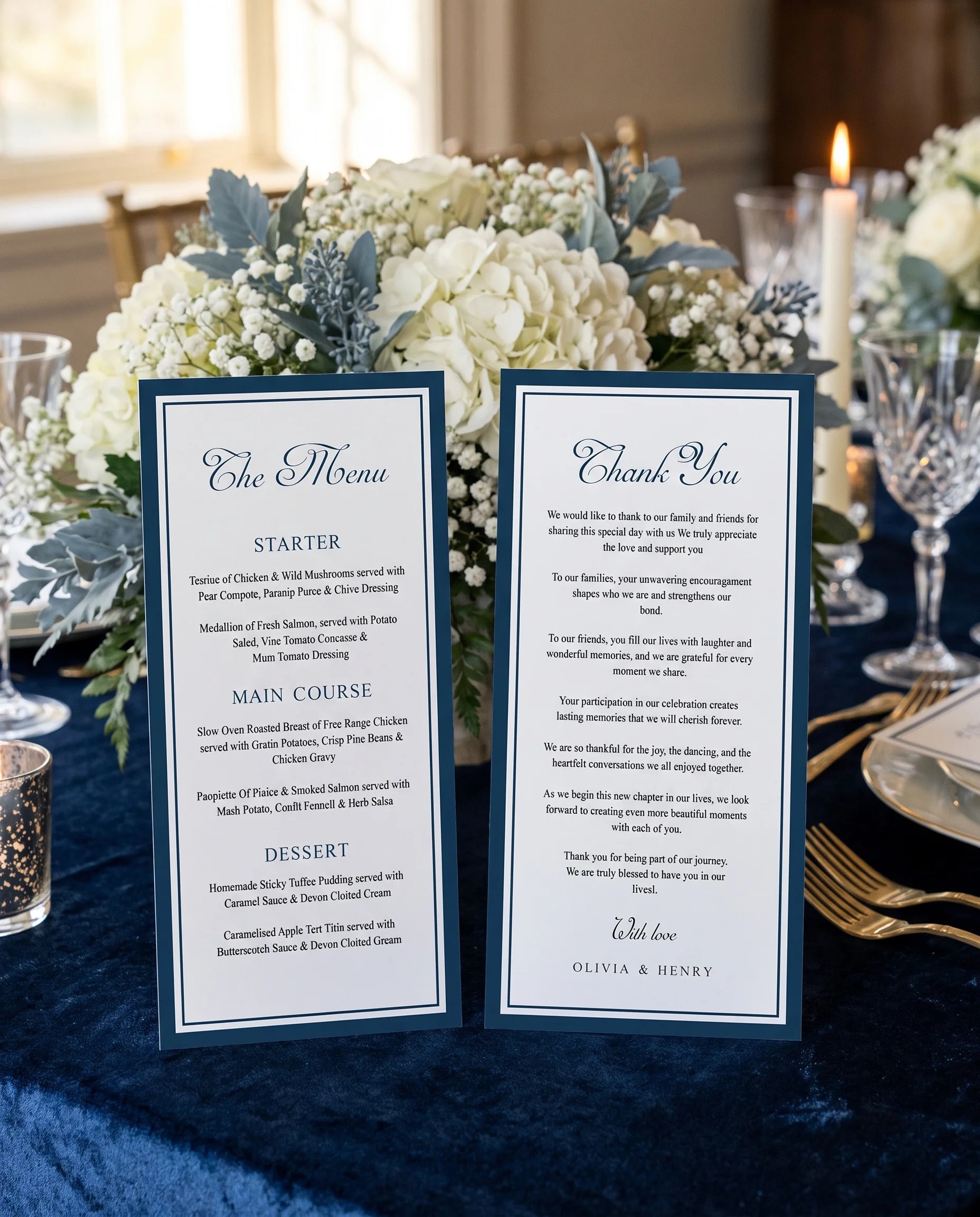 Windsor Crown wedding menu — two menu pages standing upright on a reception table under soft natural light, wedding menu template.