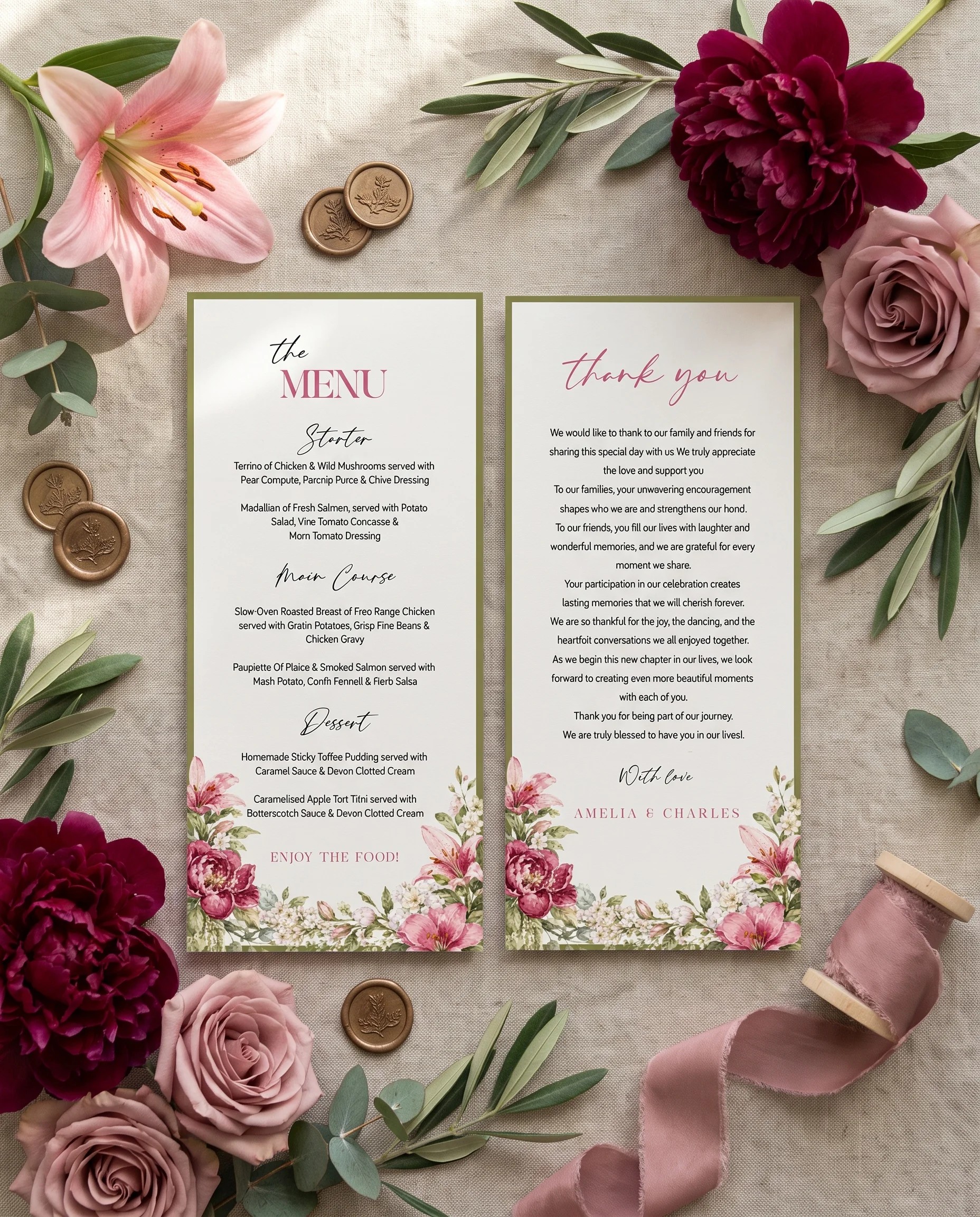 Rosevale wedding menu — two menu pages laid flat under soft natural light with a gentle overhead angle, wedding menu