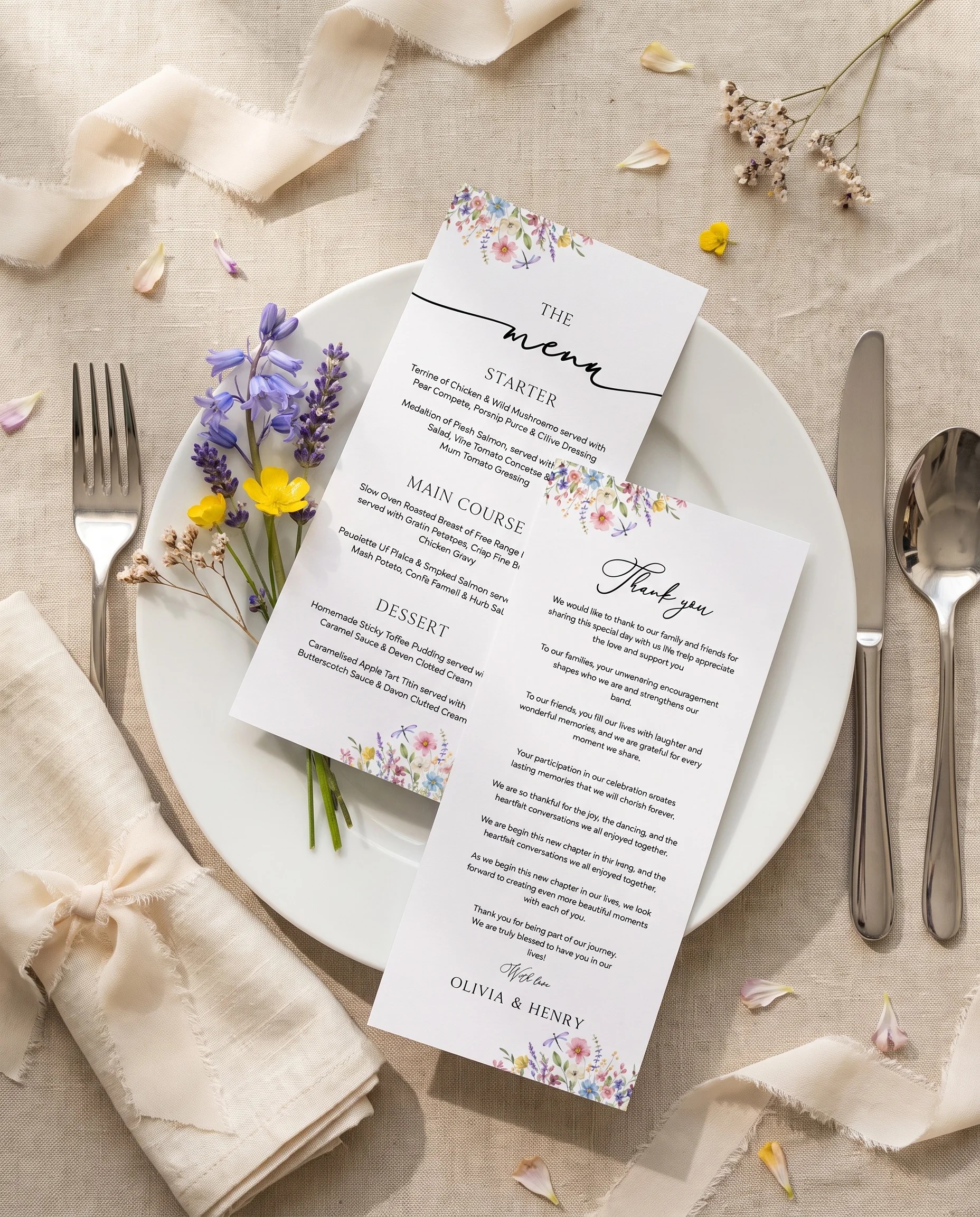 Meadowlark wedding menu — menu and thank you card resting on a plate at a table setting in soft natural light, wedding menu cards.