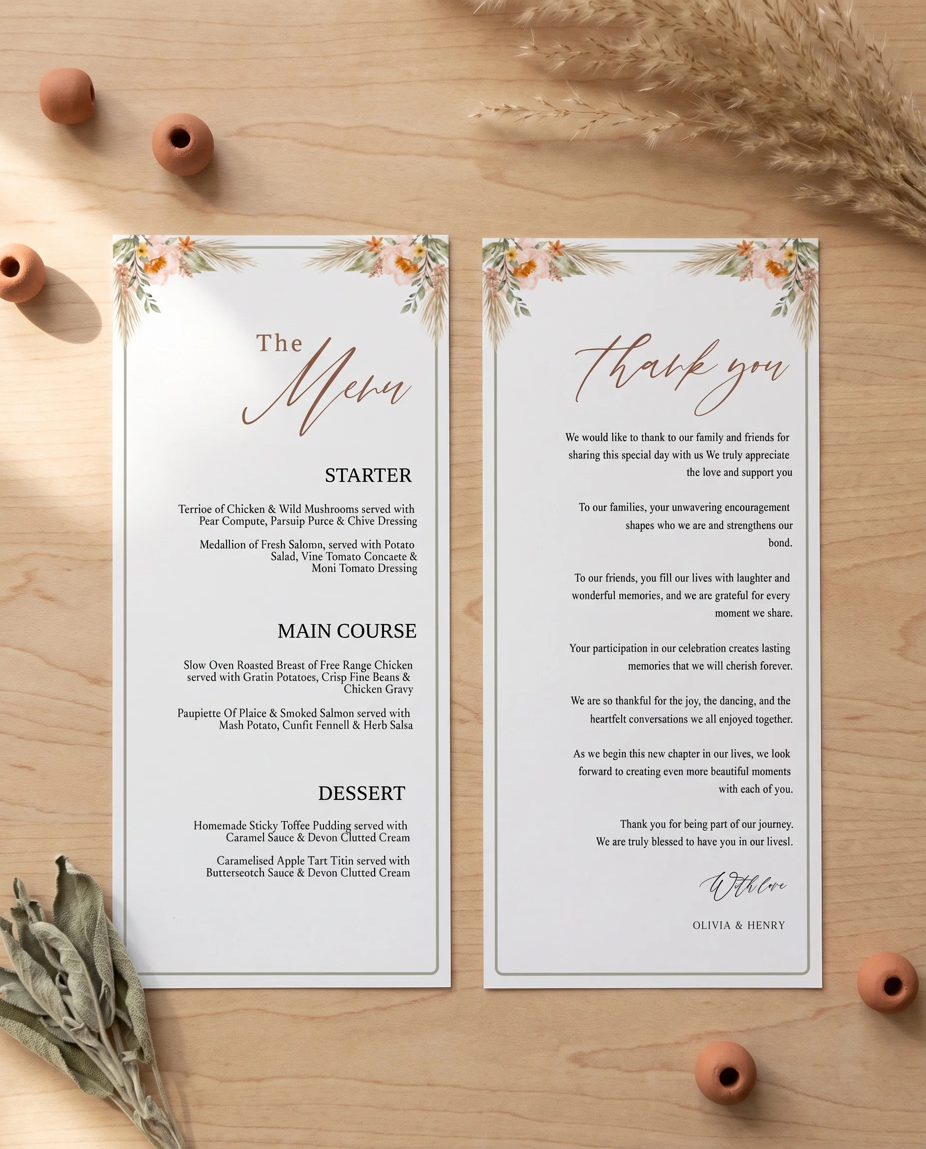 Prairie Fern wedding menu — menu and thank you card shown flat in soft natural light, wedding menu.